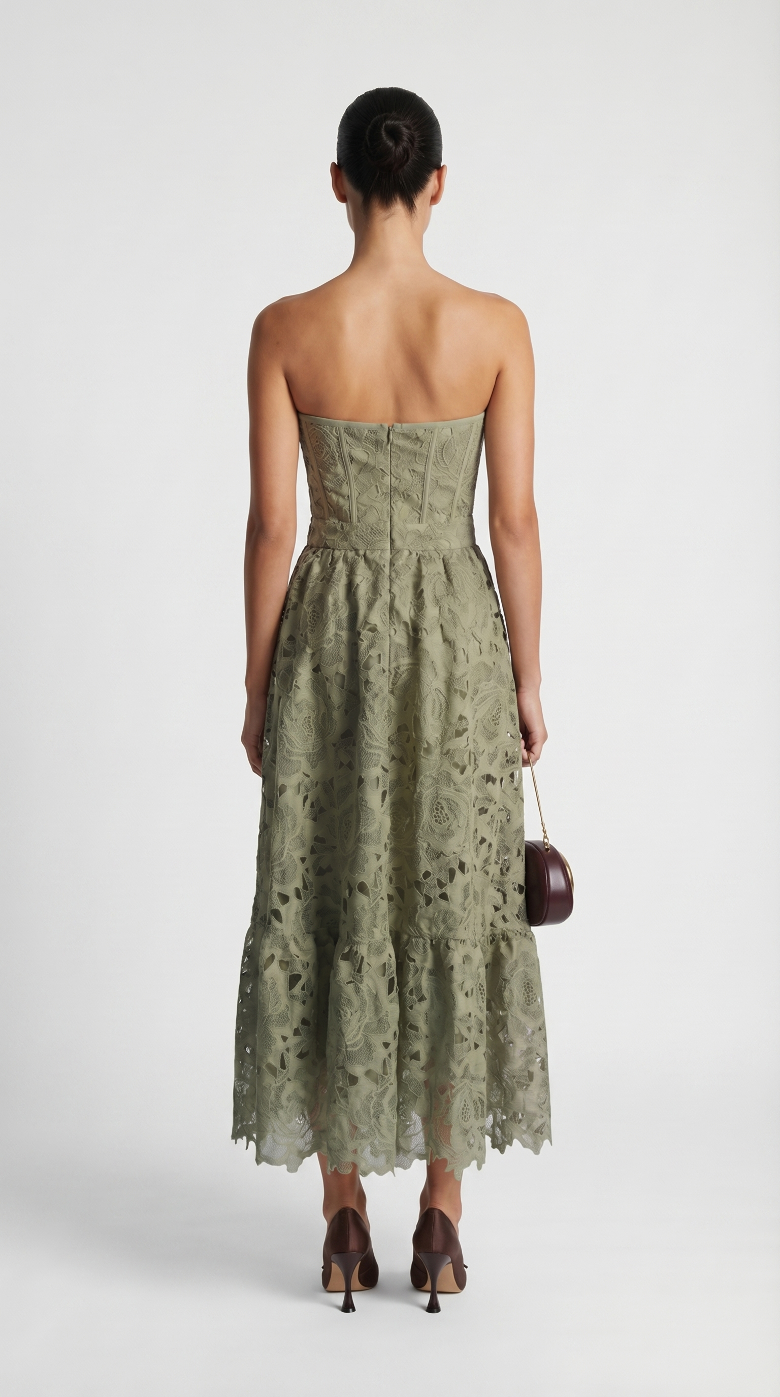 Ole - Strapless Guipure Lace Bustier Maxi Dress Green