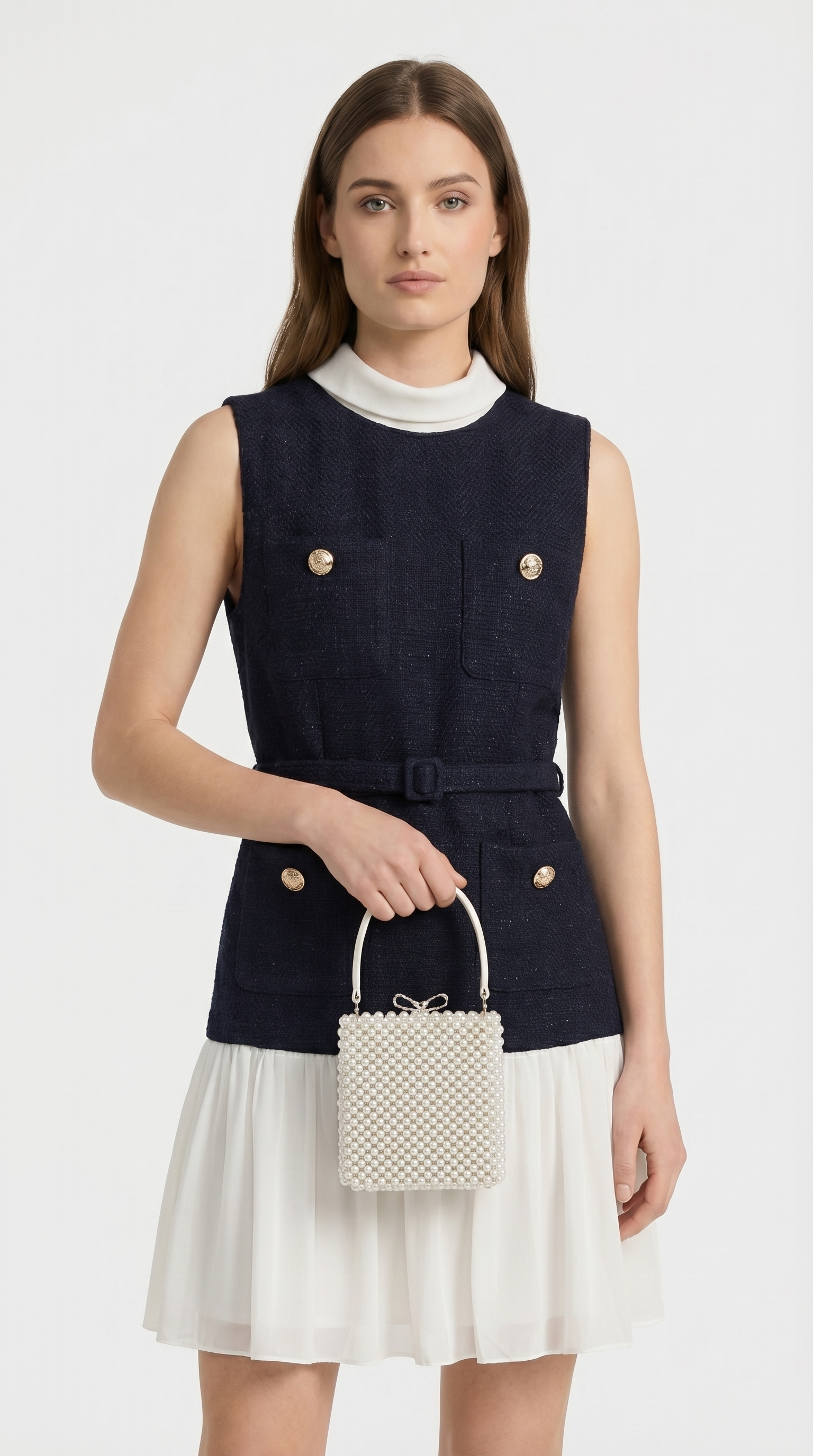 Bora - Abito in Tweed con Cintura & Chiffon Plissettato