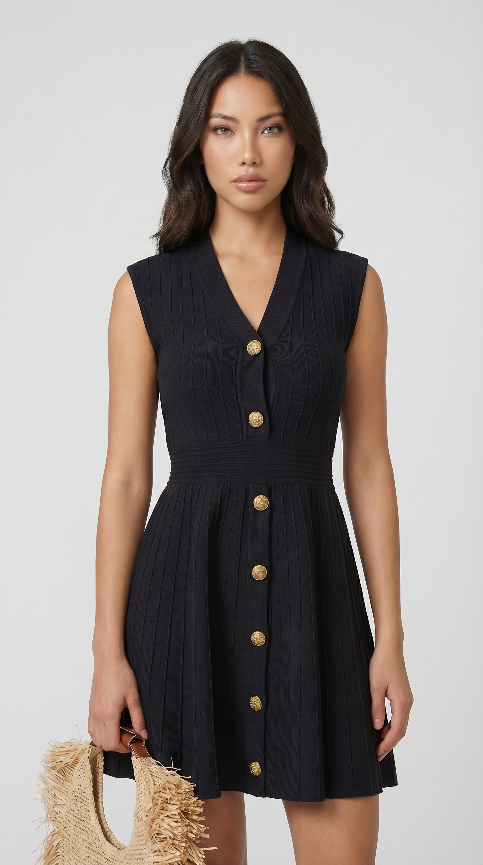 Mari - Ribbed Knit Button-Down Mini Dress Black