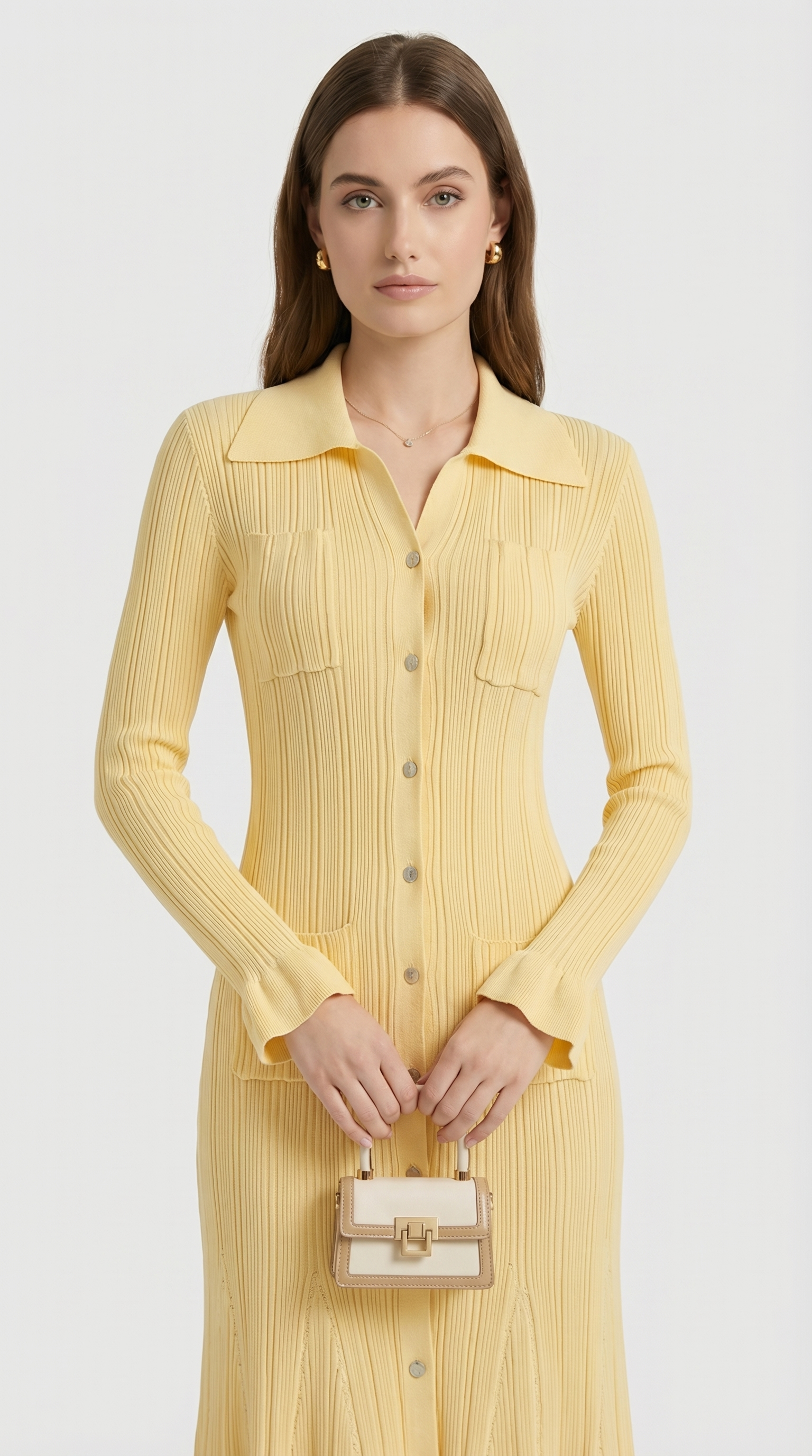 Kena - Ribbed Knit Button-Down Midi Dress Yellow