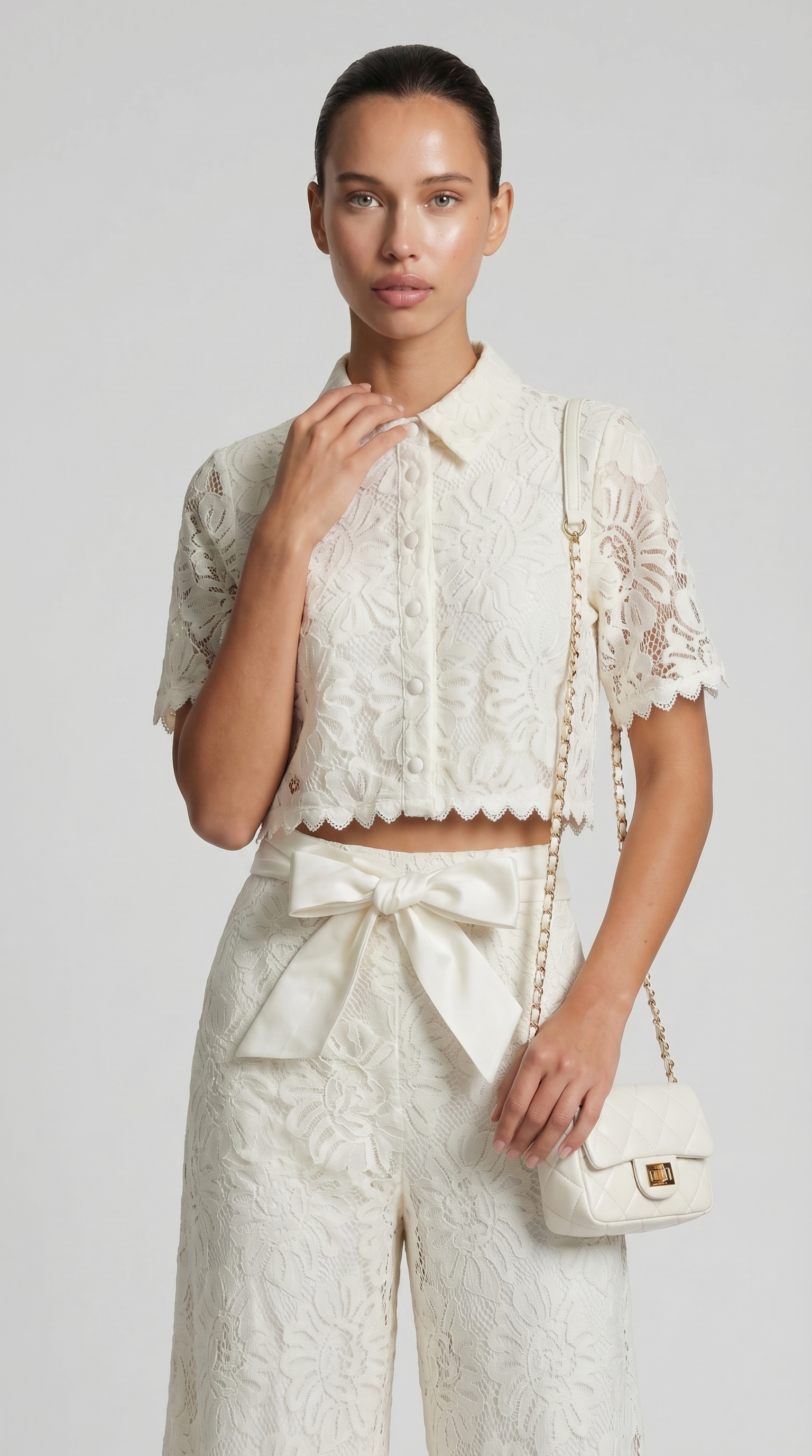 Senti - Conjunto de camisa corta de encaje y pantalón de pierna ancha blanco
