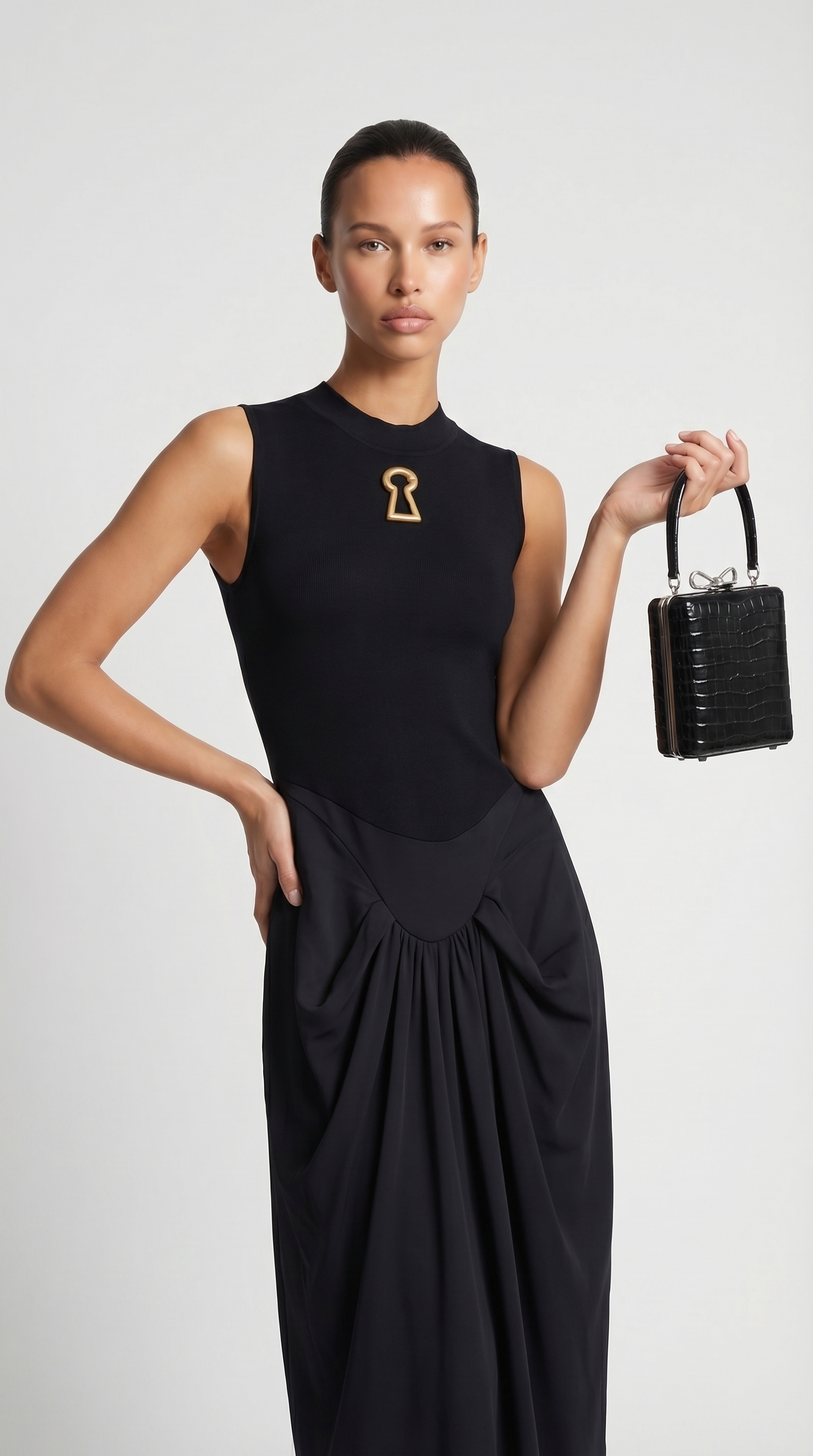 Alara - Robe longue noire en tissus mélangés avec détail découpe