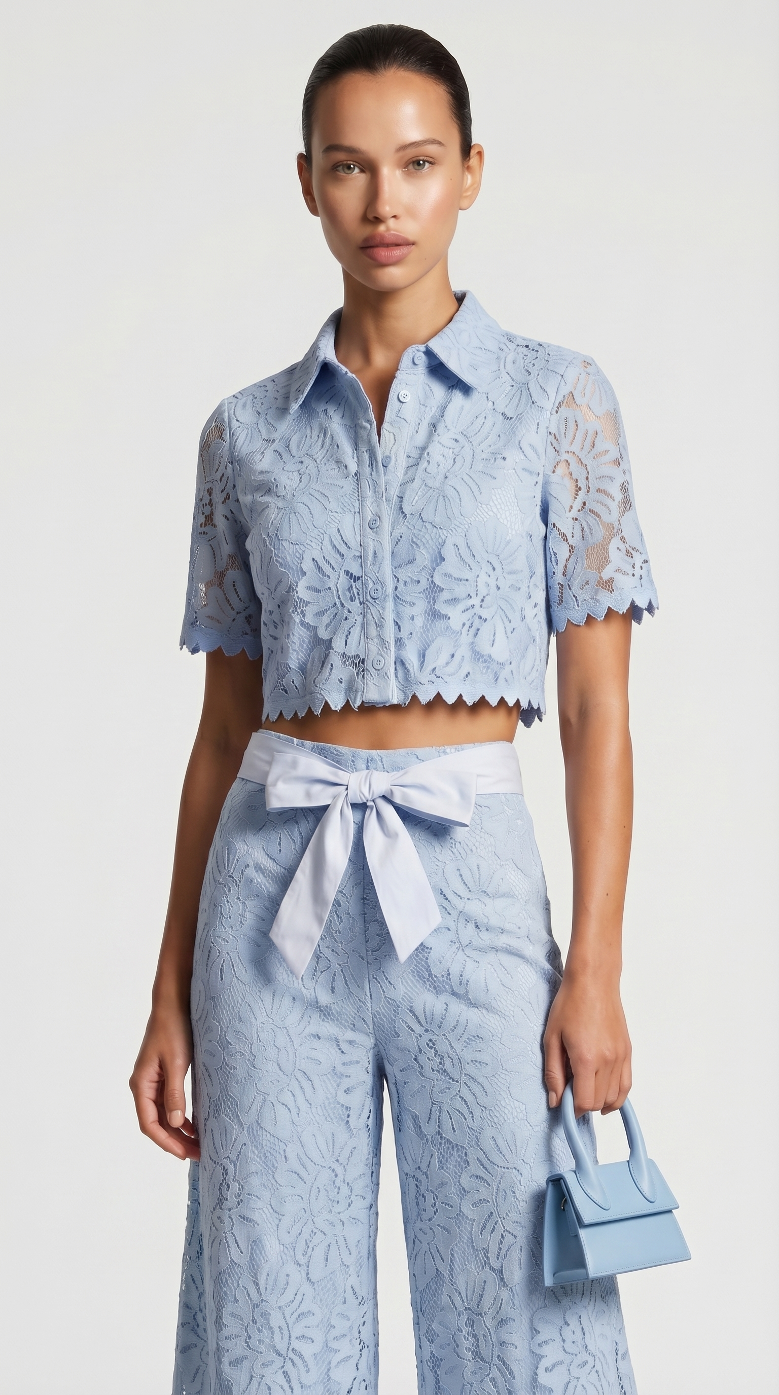 Ensemble Senti - Chemise Courte en Dentelle et Pantalon Large Bleu