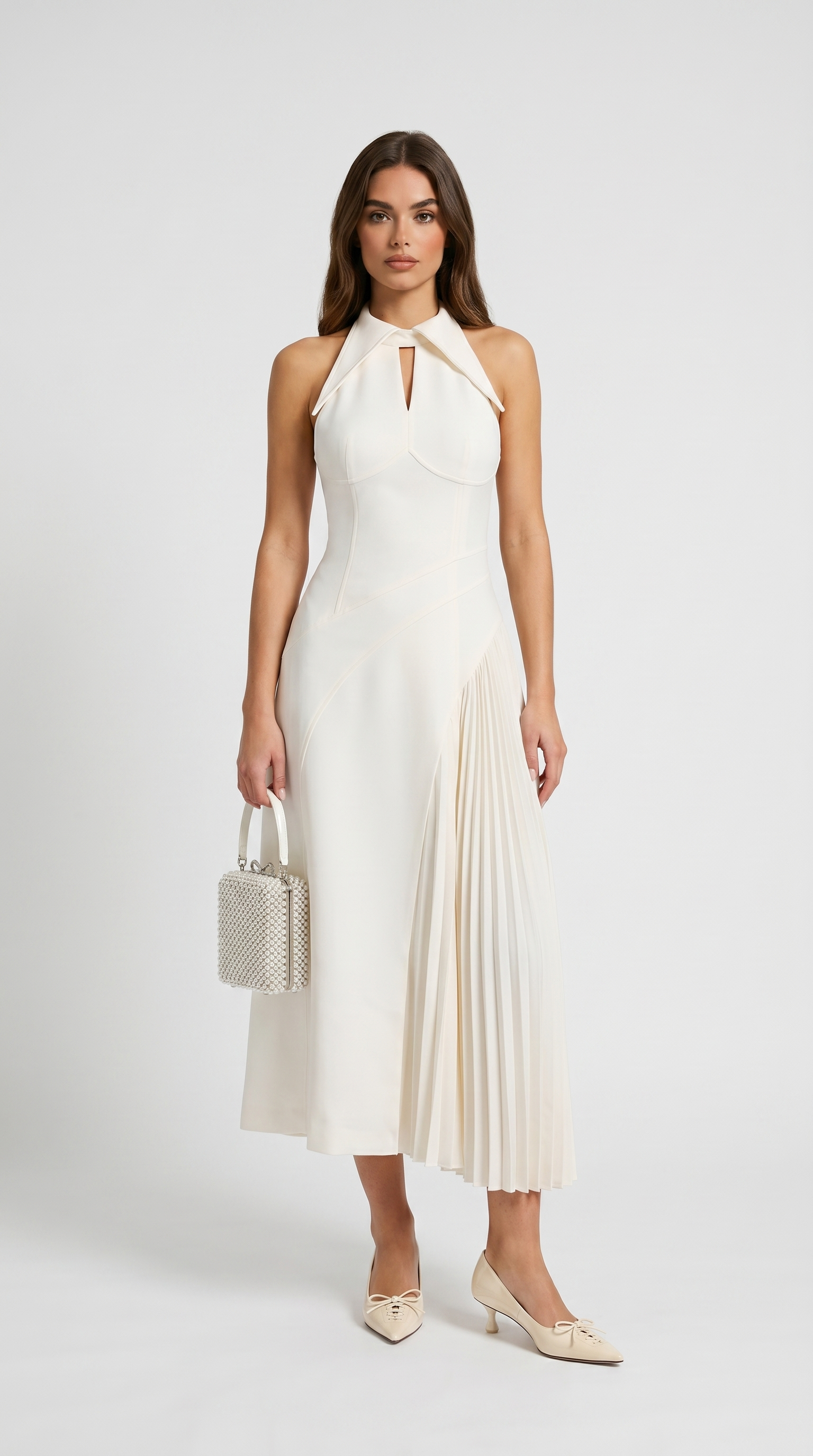 Ota - Pleated Halter Midi Dress with Keyhole Detail