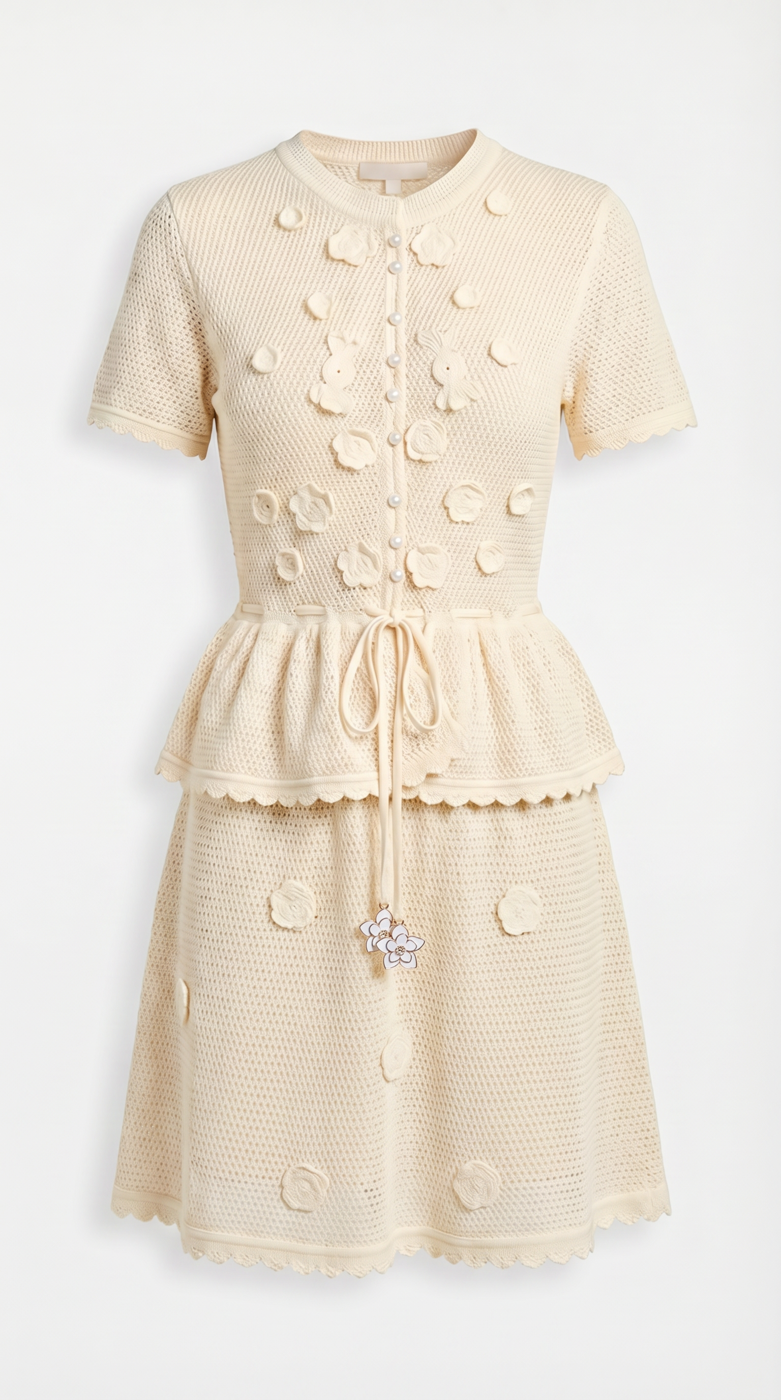 Alsi - 3D Floral-Appliqué Knit Cardigan & Skirt Set