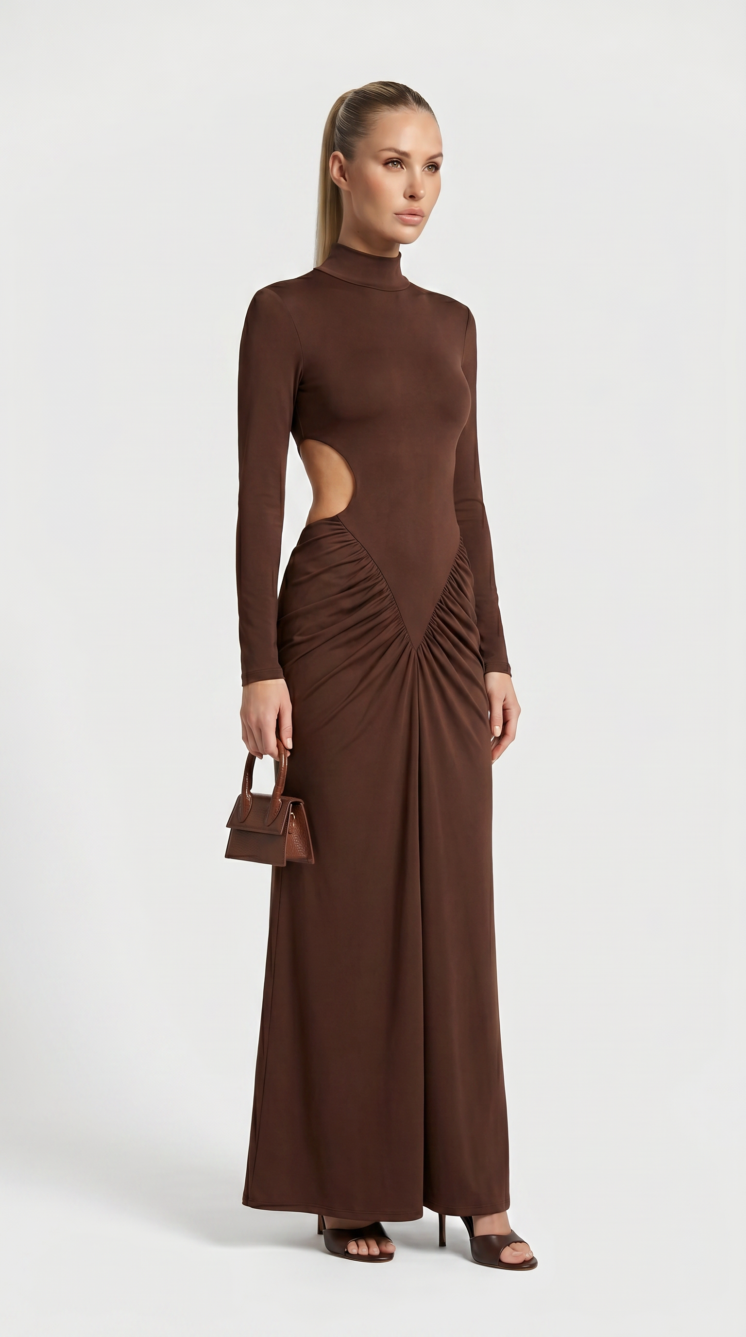 Aret - Ruched Cut-Out Mock-Neck Maxi Dress Brown