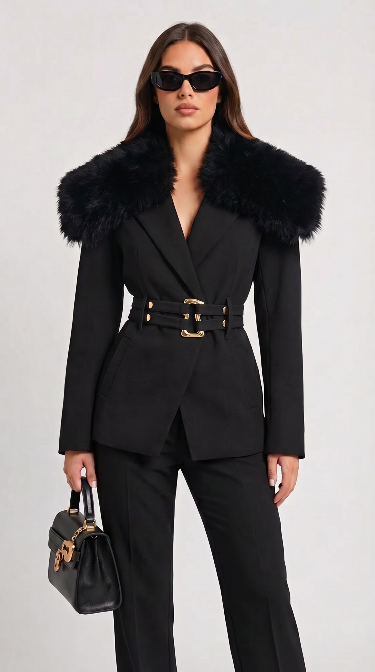 Eldorin - Cappotto Sartoriale con Colletto in Pelliccia e Cintura Doppia con Finiture Dorate