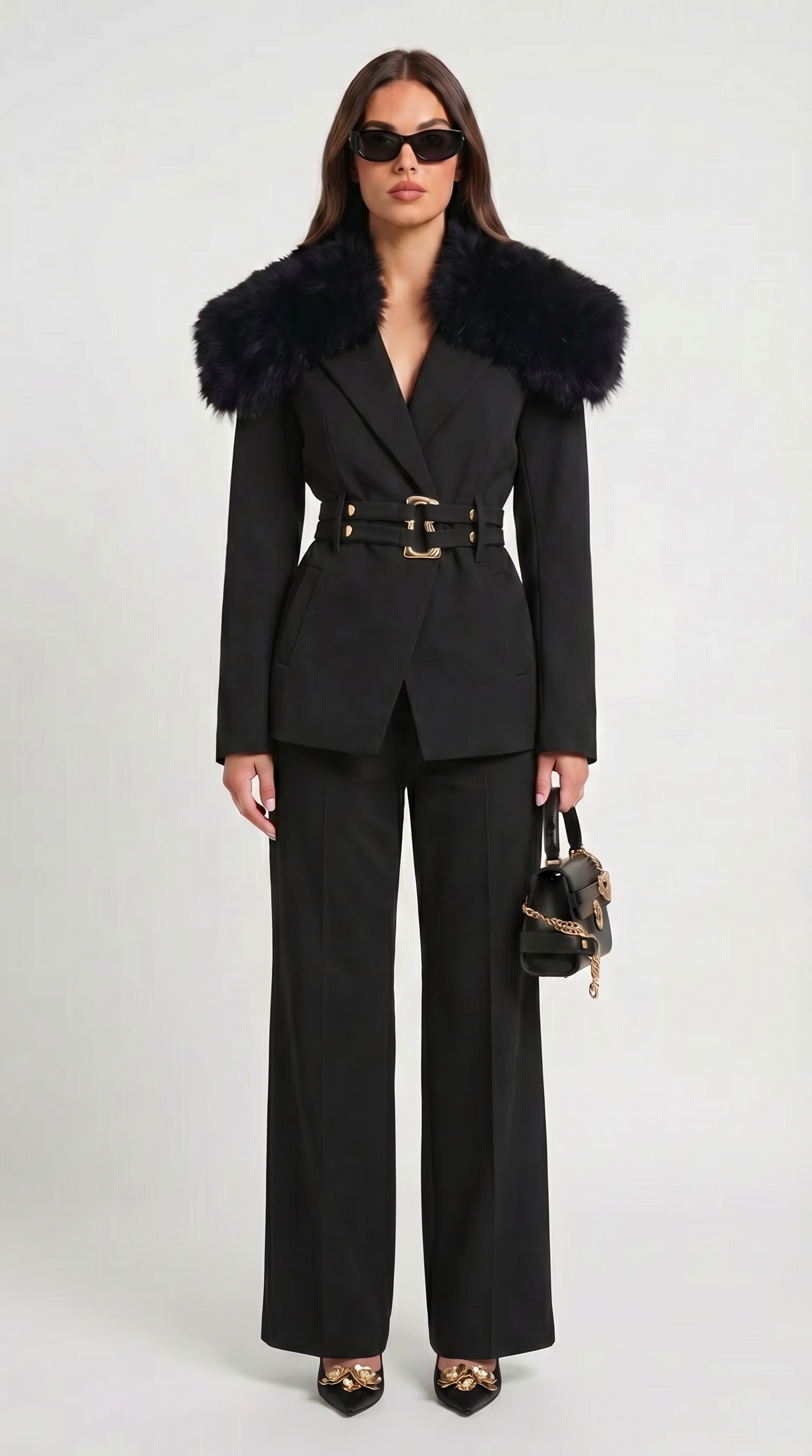 Eldorin - Cappotto Sartoriale con Colletto in Pelliccia e Cintura Doppia con Finiture Dorate
