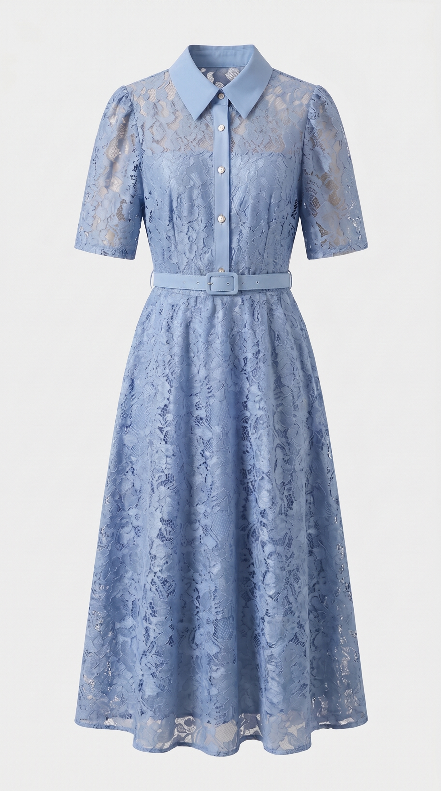 Alma - Belted Floral Lace Shirt Midi Dress