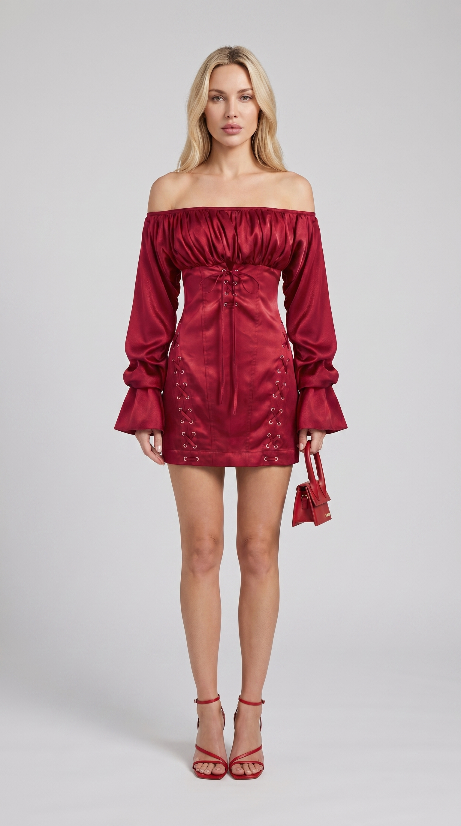 Diana - Off-the-Shoulder Lace-Up Corset Mini Dress Red