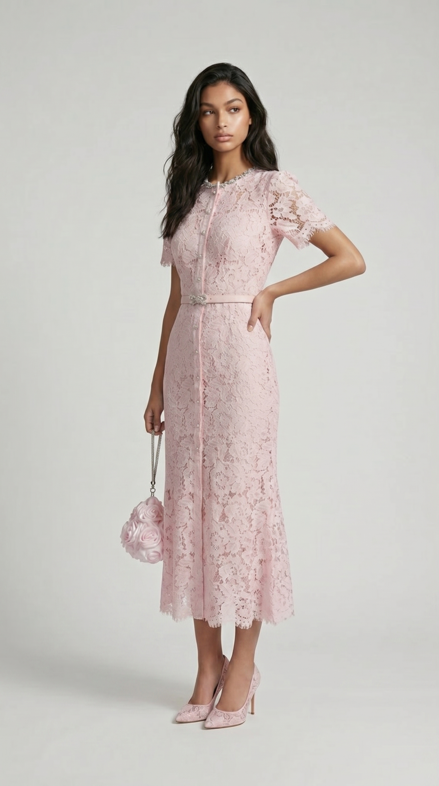 Nory - Elegant Pink Lace Fish-Tail Evening Gown