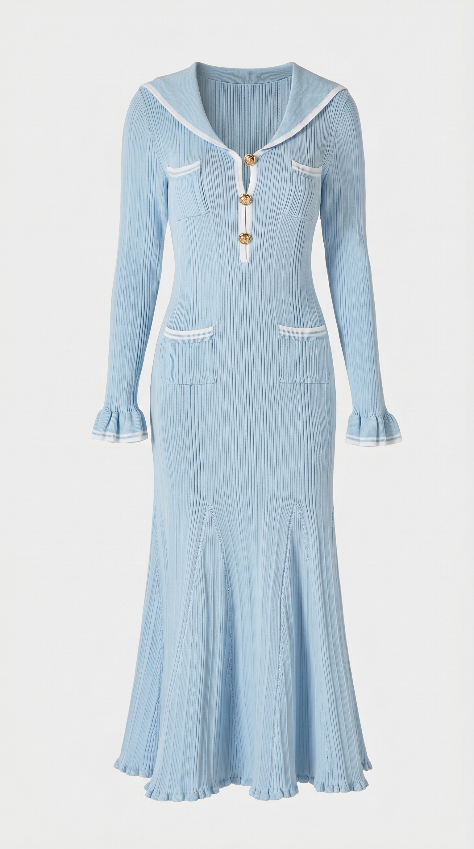 Lari - Ribbed Knit Sailor-Collar Maxi Dress Blue