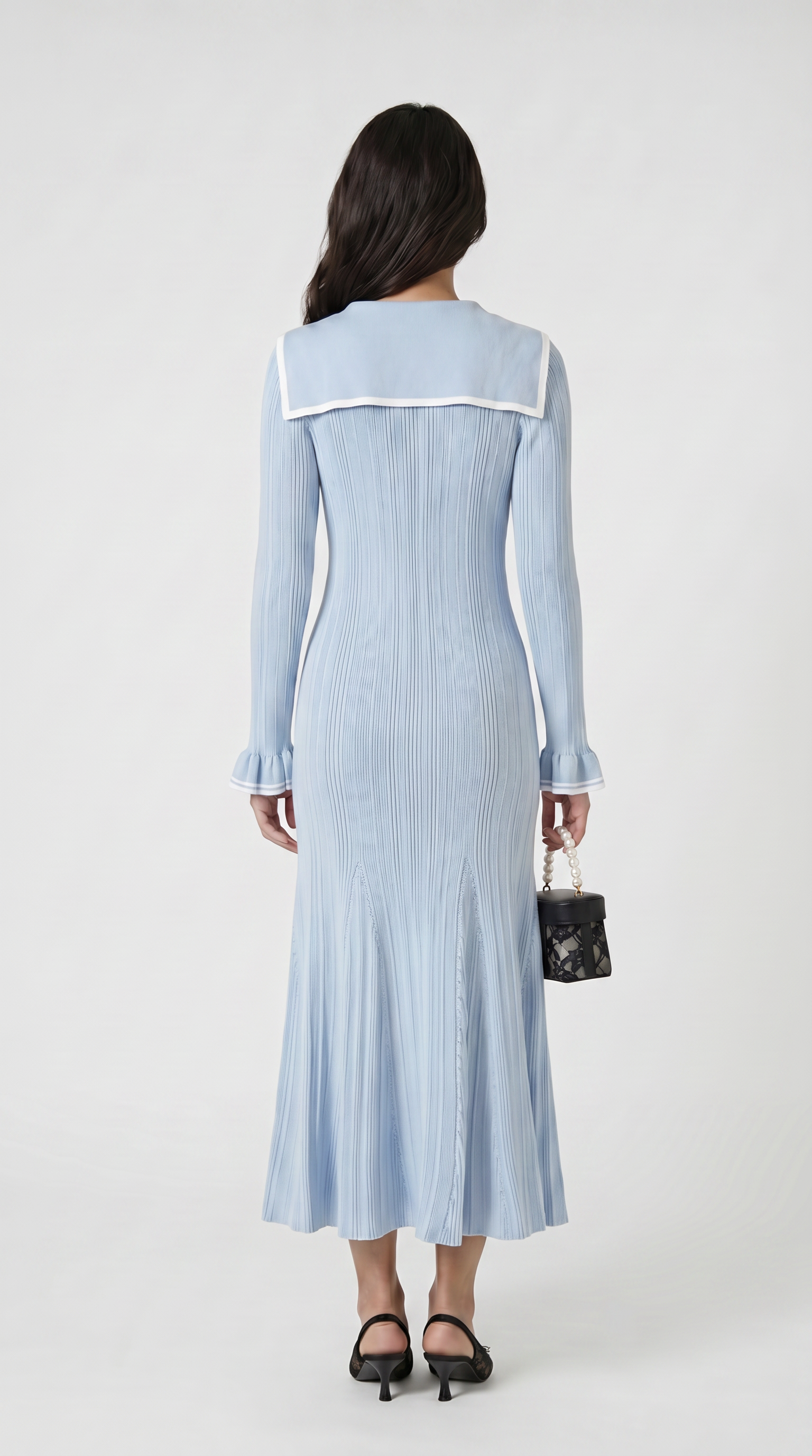 Lari - Ribbed Knit Sailor-Collar Maxi Dress Blue