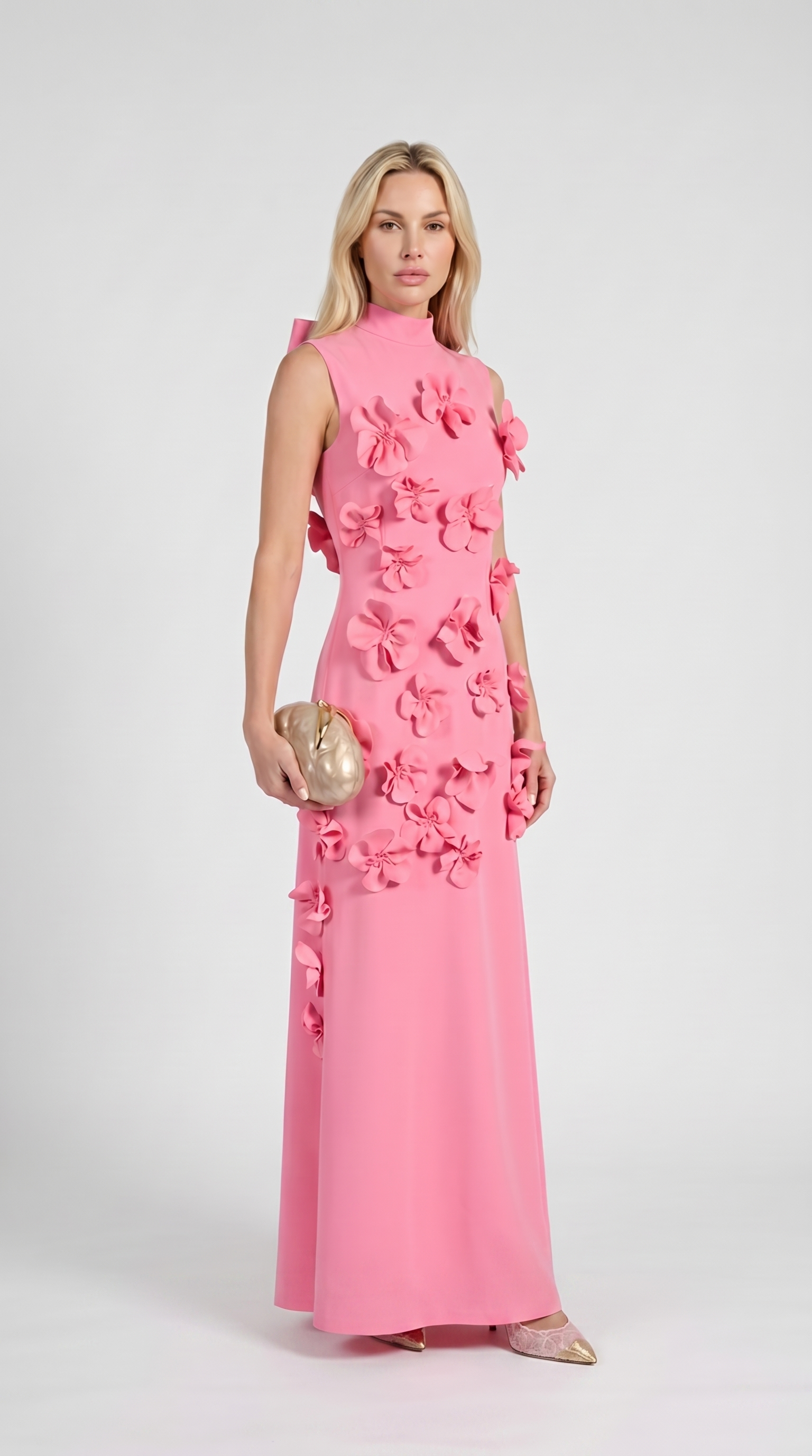 Conta - 3D Floral Appliqué Mock-Neck Maxi Gown Pink