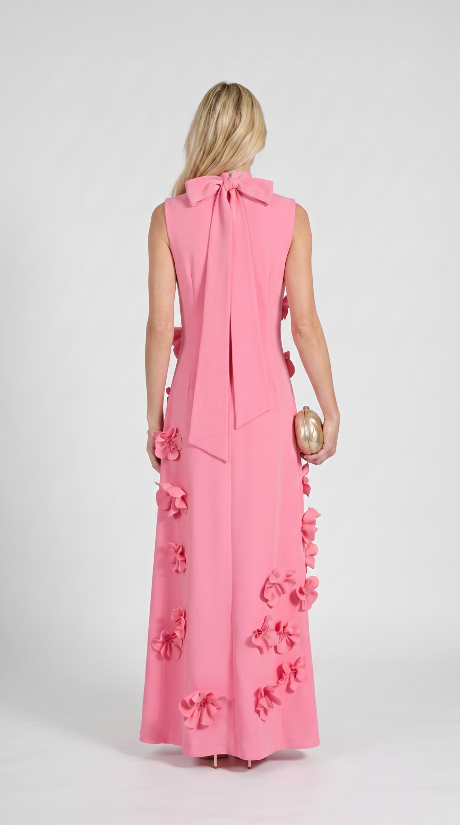 Conta - 3D Floral Appliqué Mock-Neck Maxi Gown Pink