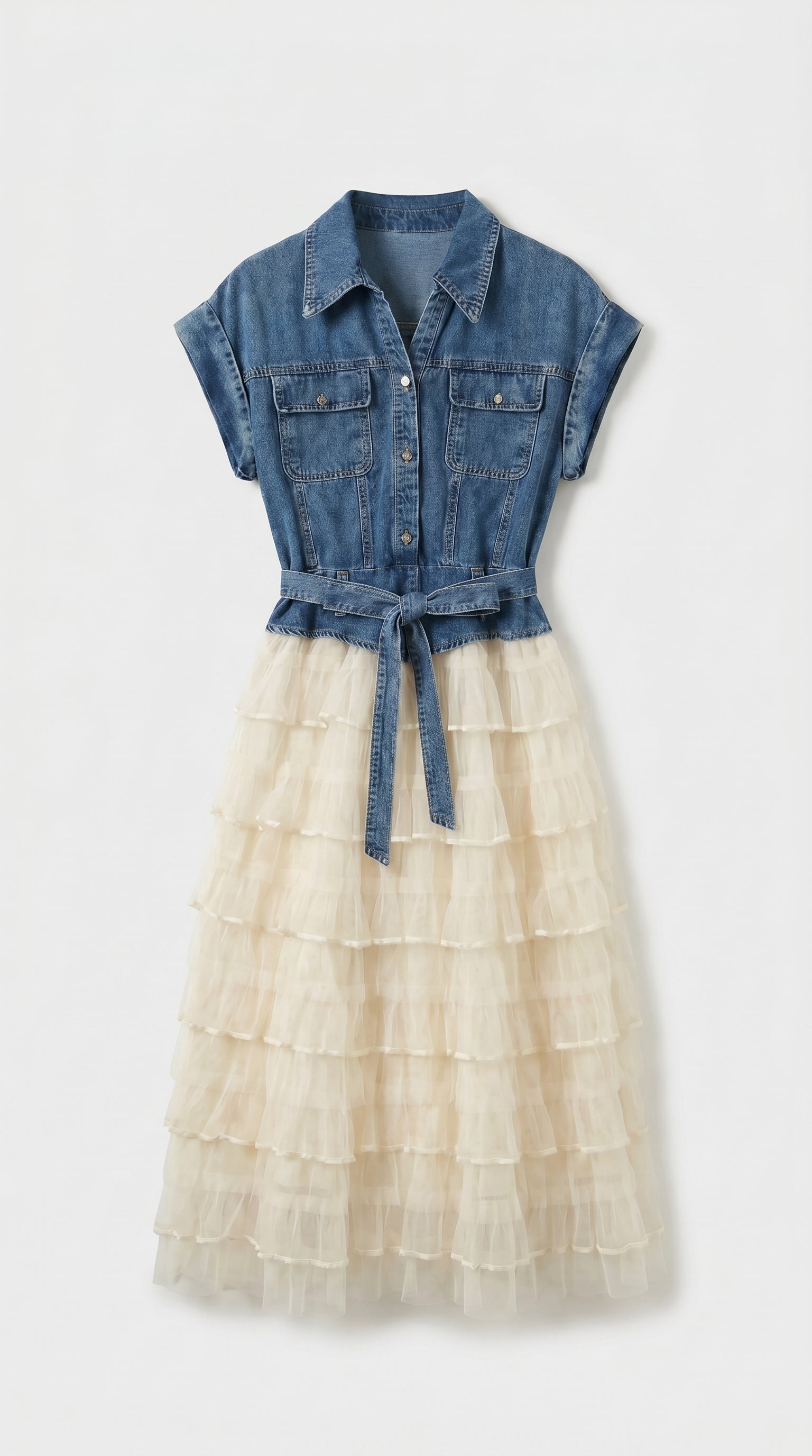 Eni - Midi Combinado de Denim y Tul en Capas