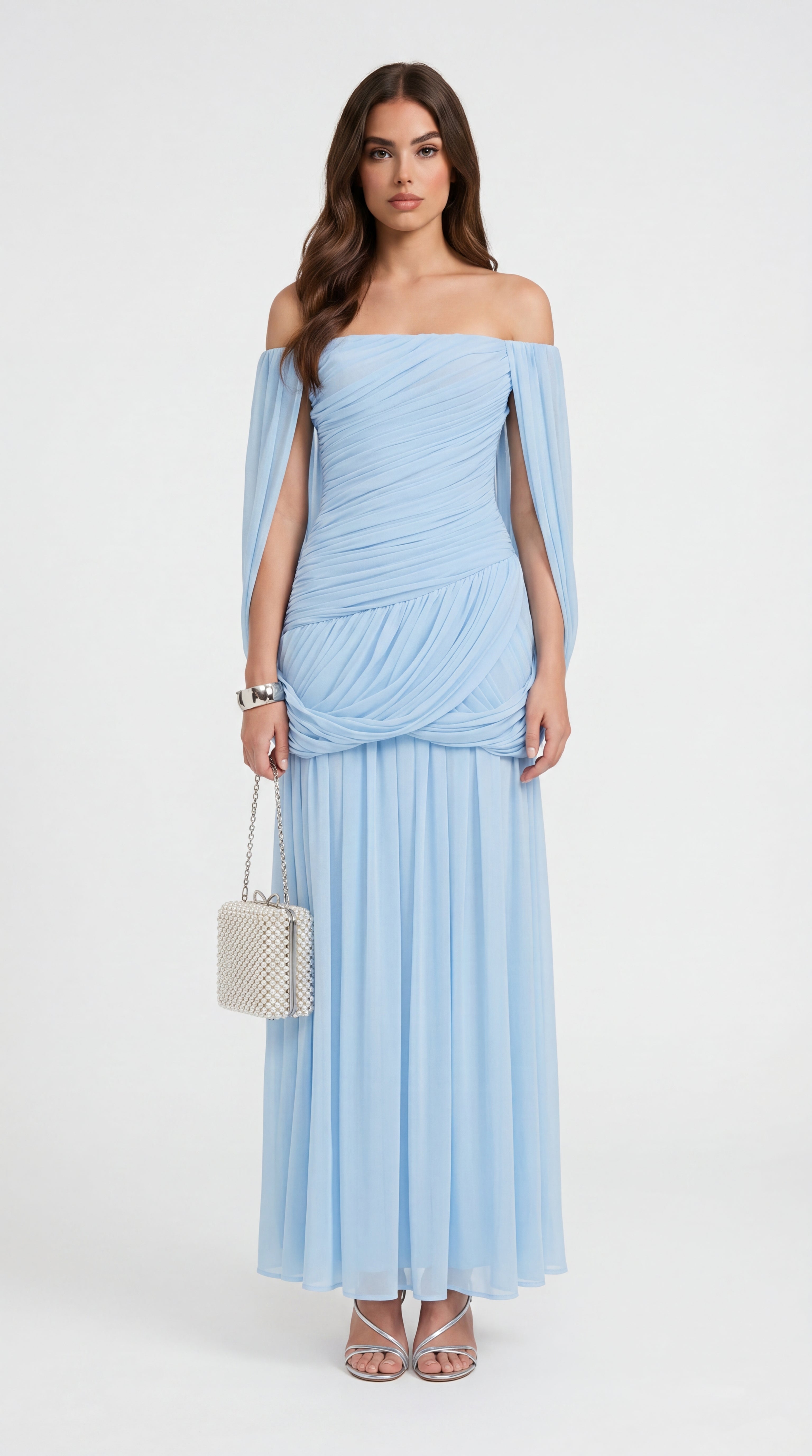 Aero - Off-the-Shoulder Draped Cape Maxi Gown Blue