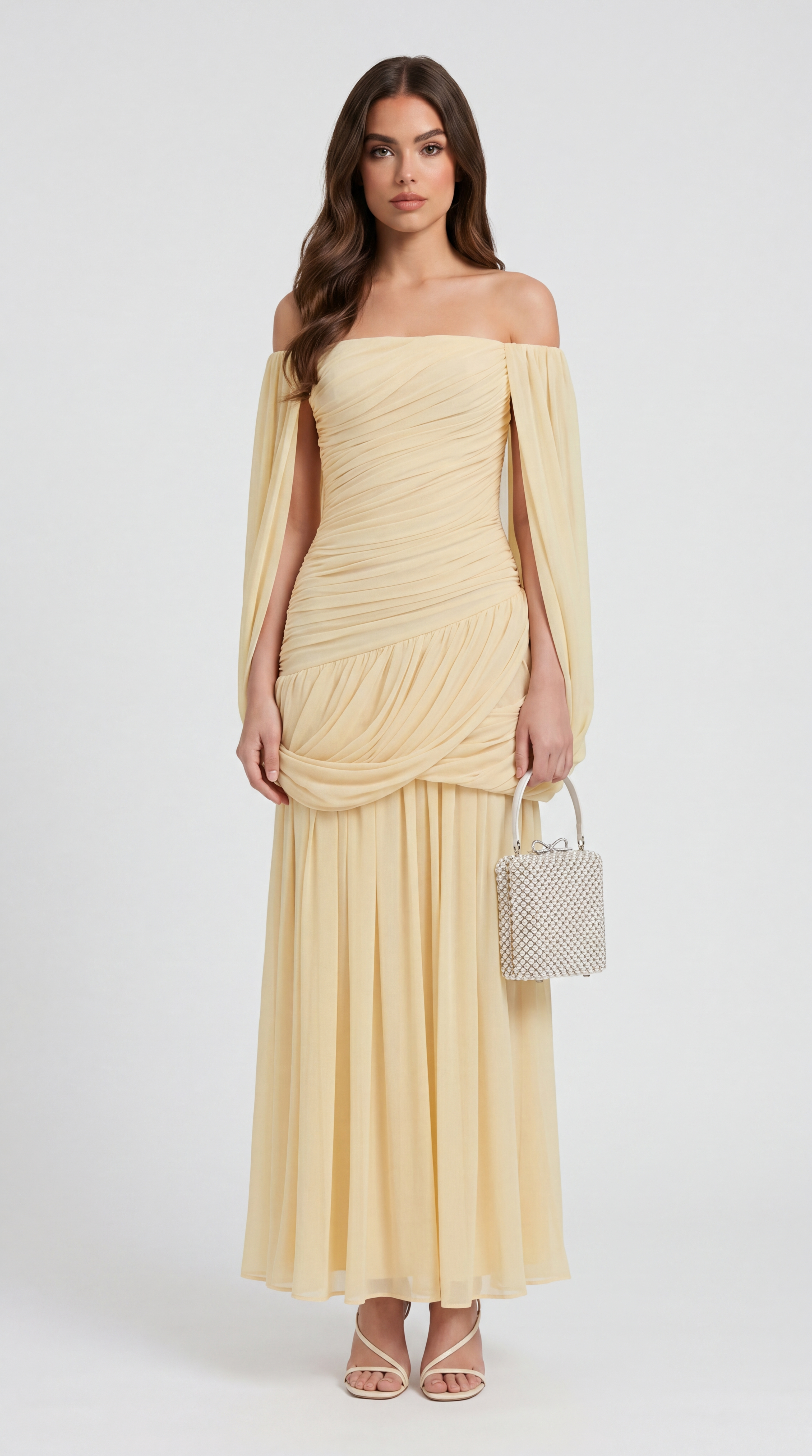 Aero - Off-the-Shoulder Draped Cape Maxi Gown Yellow