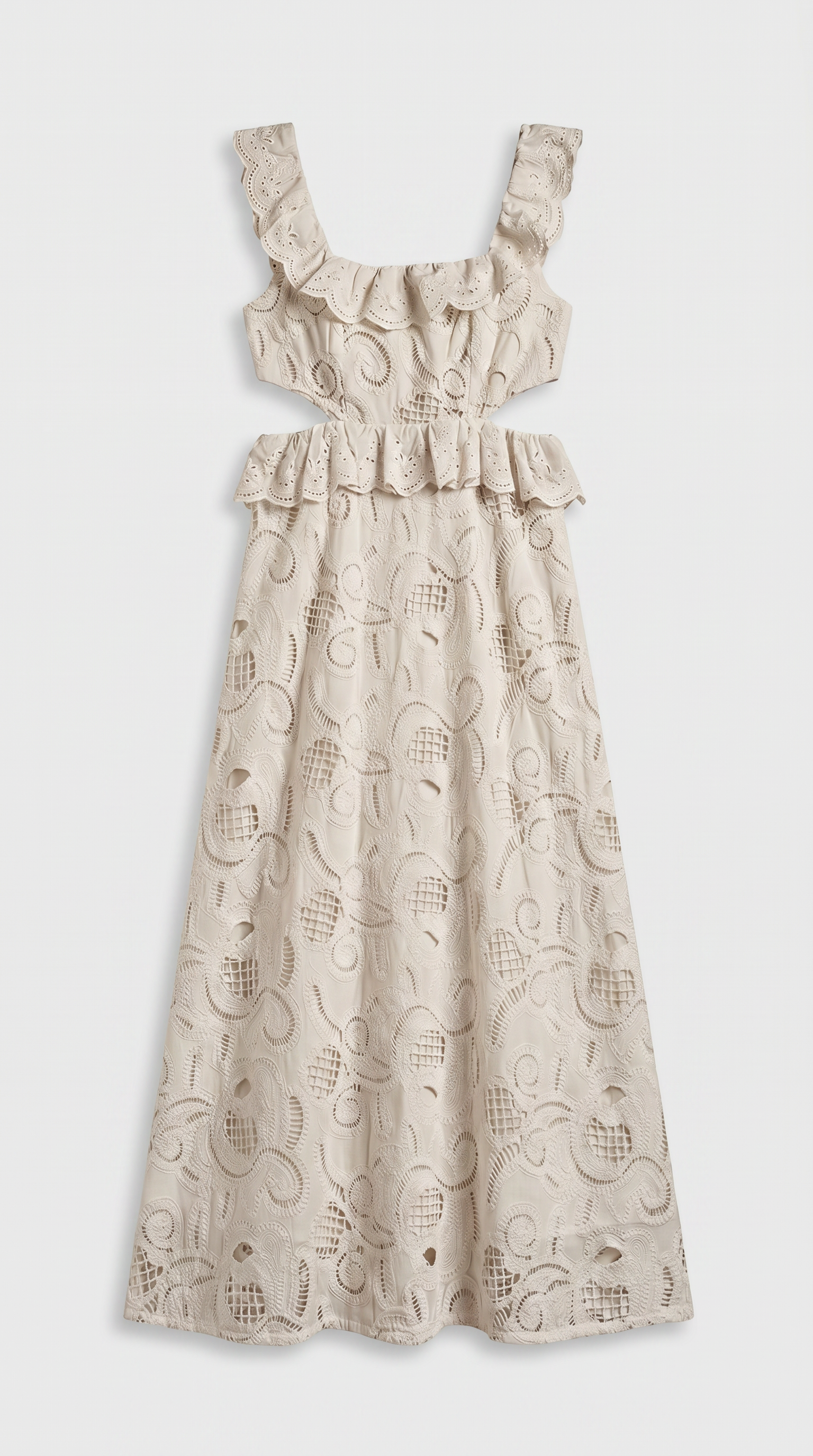 Venta - Ruffled Eyelet Cutout Midi Dress Beige