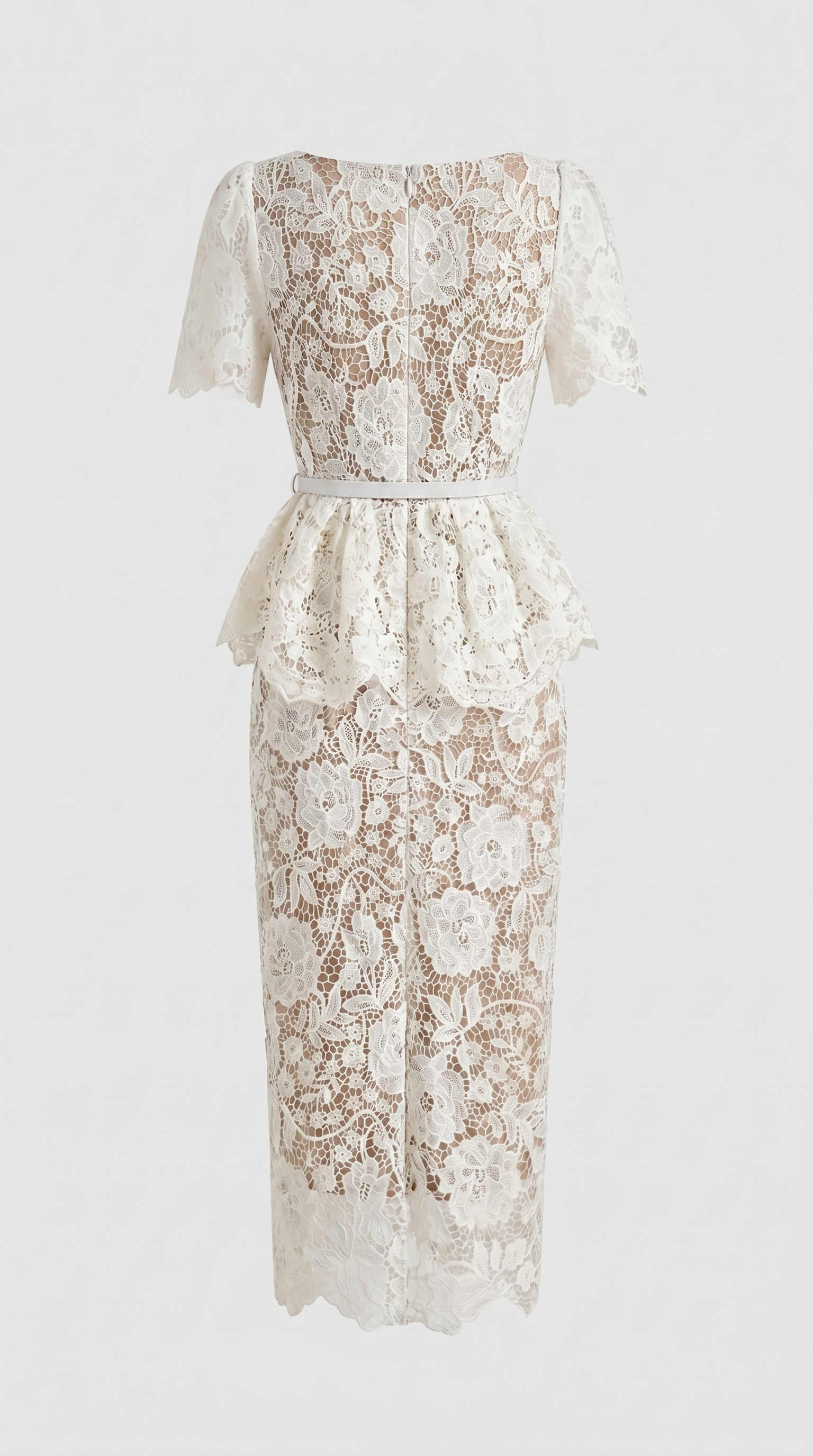 Kaza - Belted Peplum Lace Midi Dress