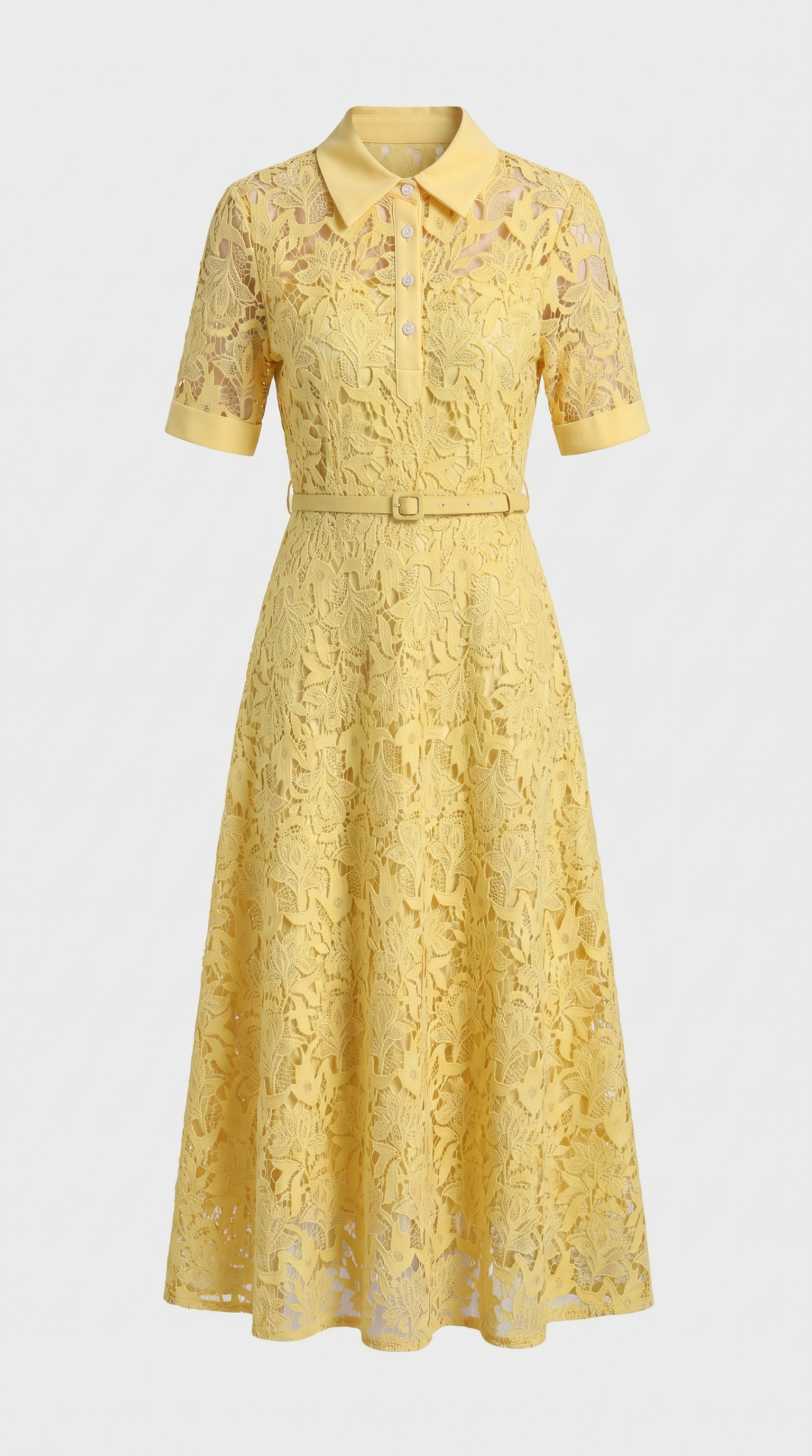 Kira - Belted Floral Lace Midi Shirt Dress