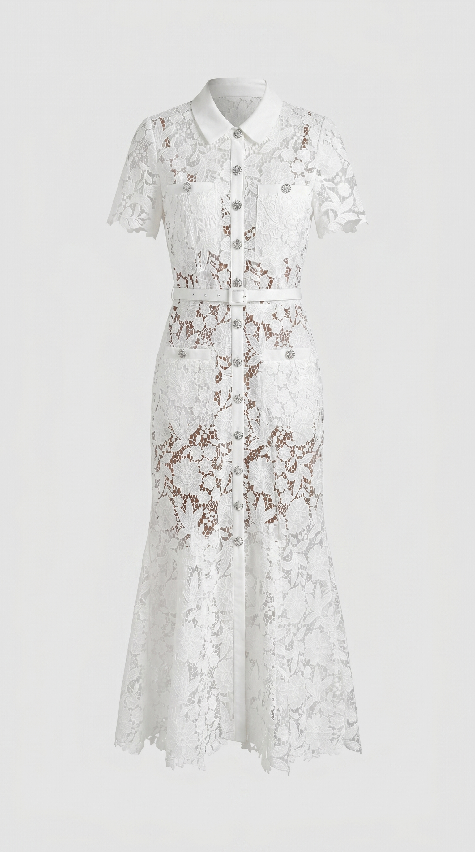 Oria - Belted Floral Lace Midi Shirt Dress White