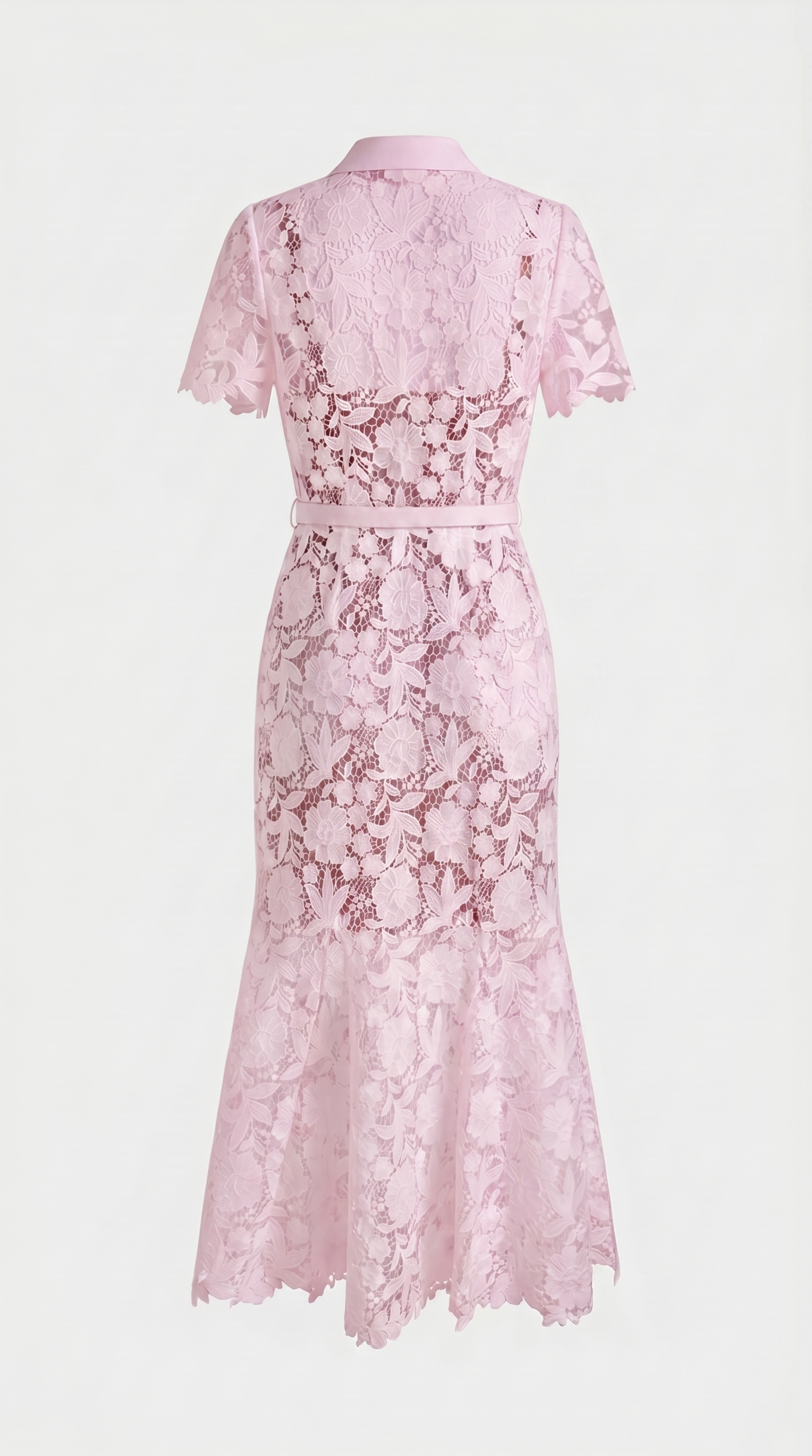 Oria - Belted Floral Lace Midi Shirt Dress Pink