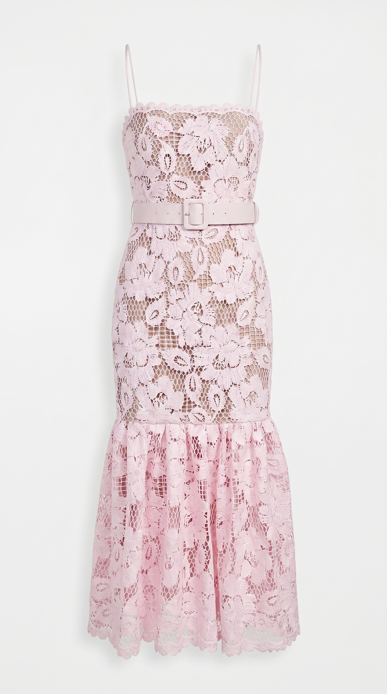 Zefi - Belted Guipure Lace Flared Midi Dress
