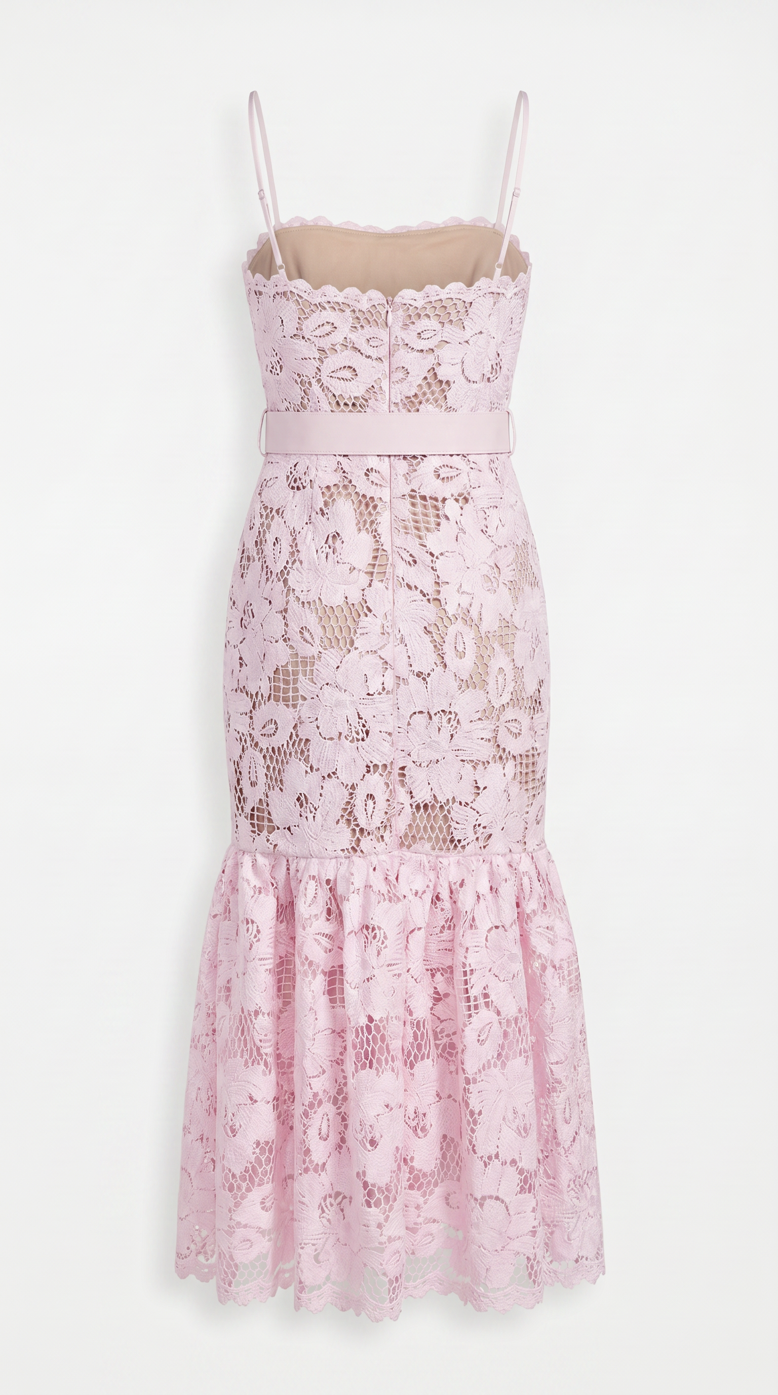 Zefi - Belted Guipure Lace Flared Midi Dress