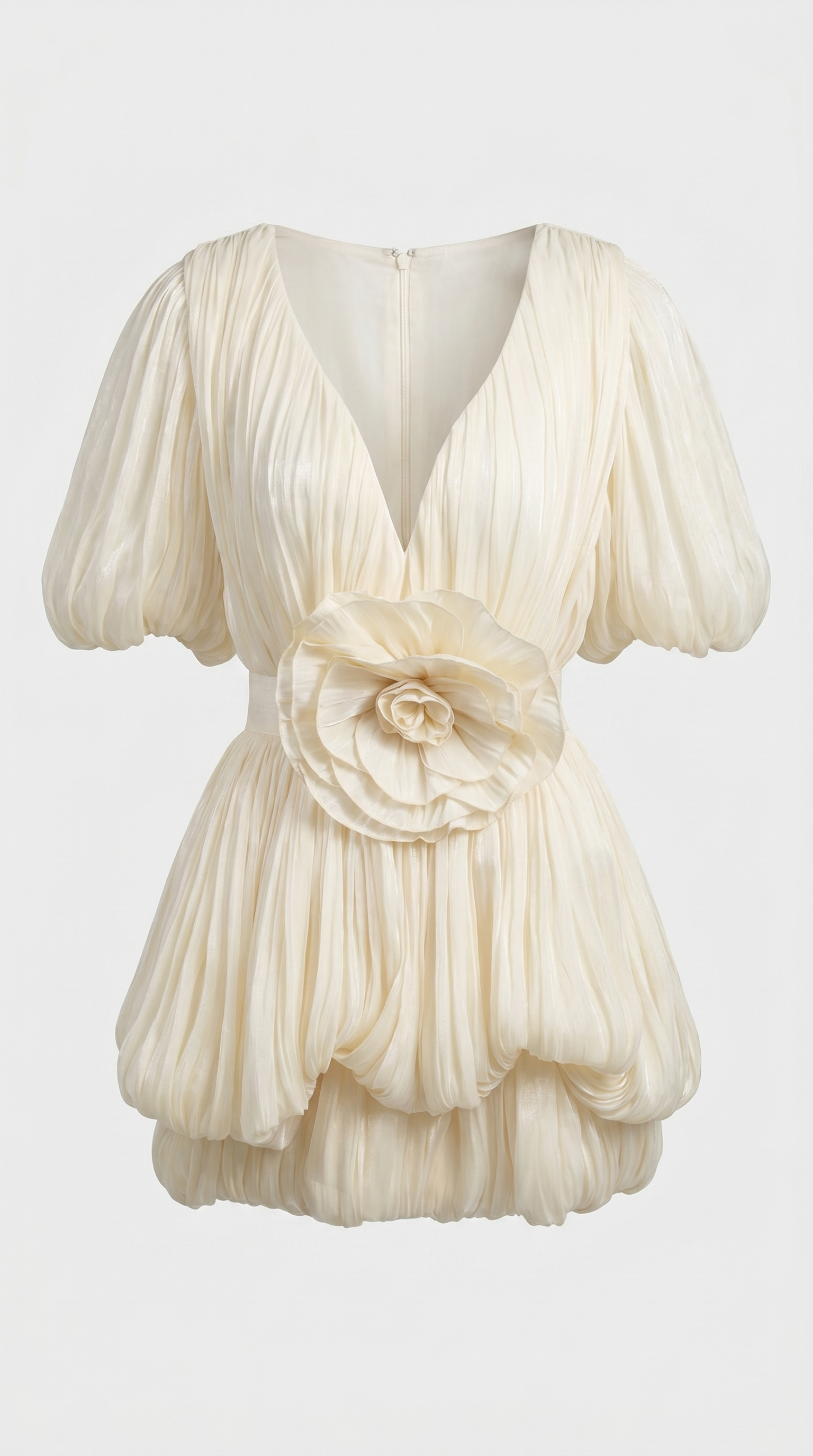 Cleo - Plissé Ruffled Bubble Mini Dress with 3D Rosette