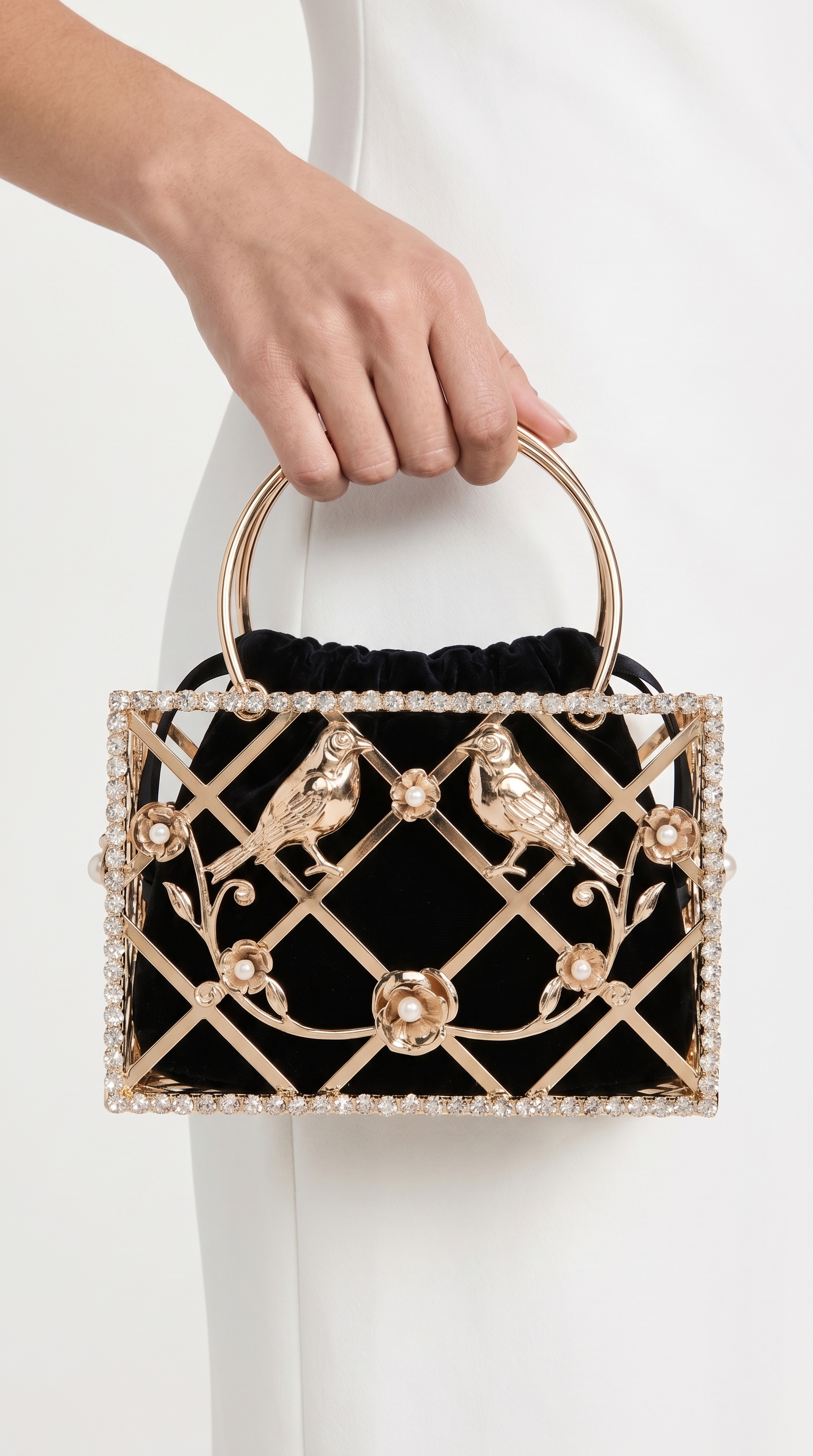 Faro - Crystal Cage Bird Handle Bag Black