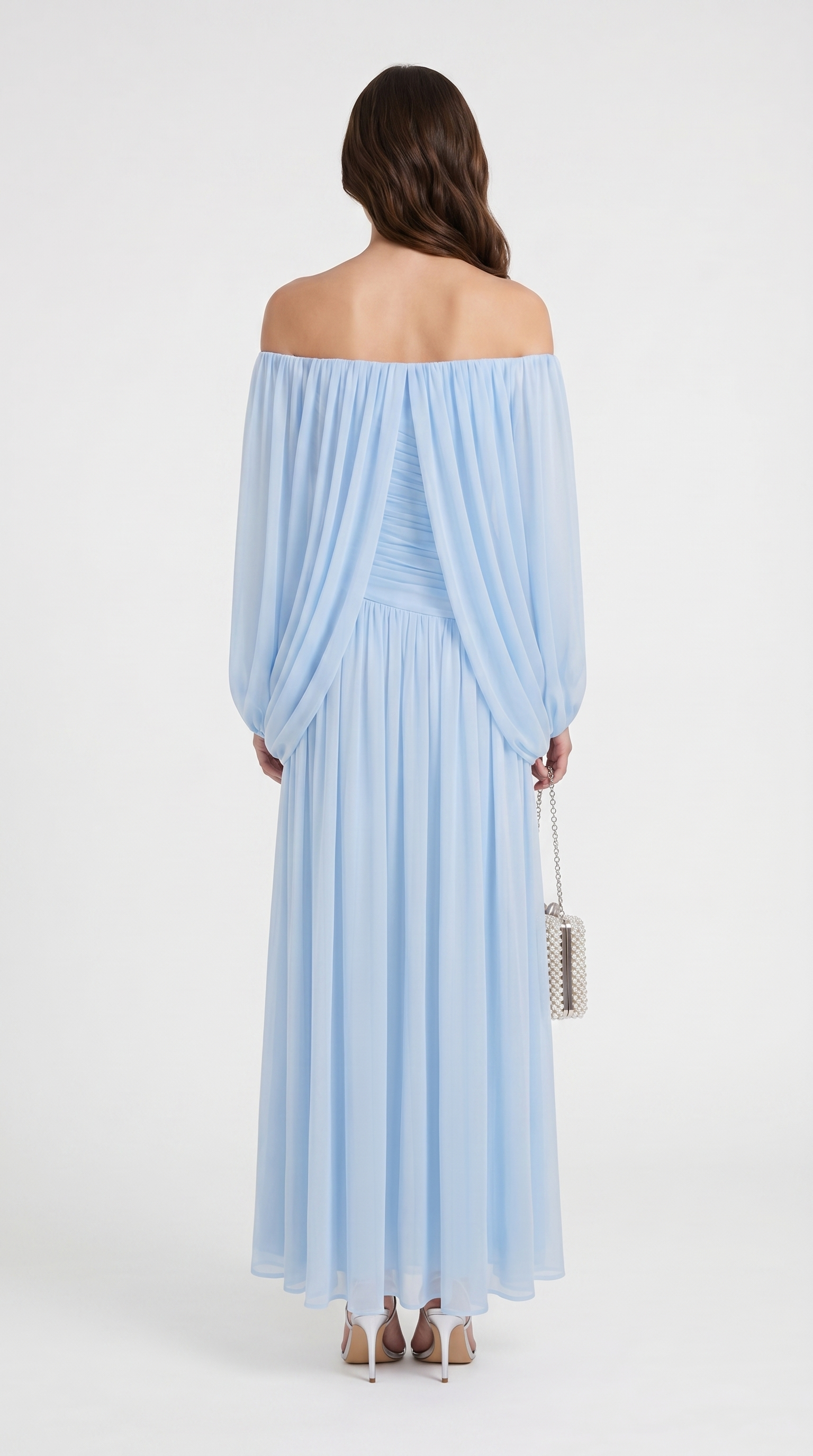 Aero - Off-the-Shoulder Draped Cape Maxi Gown Blue