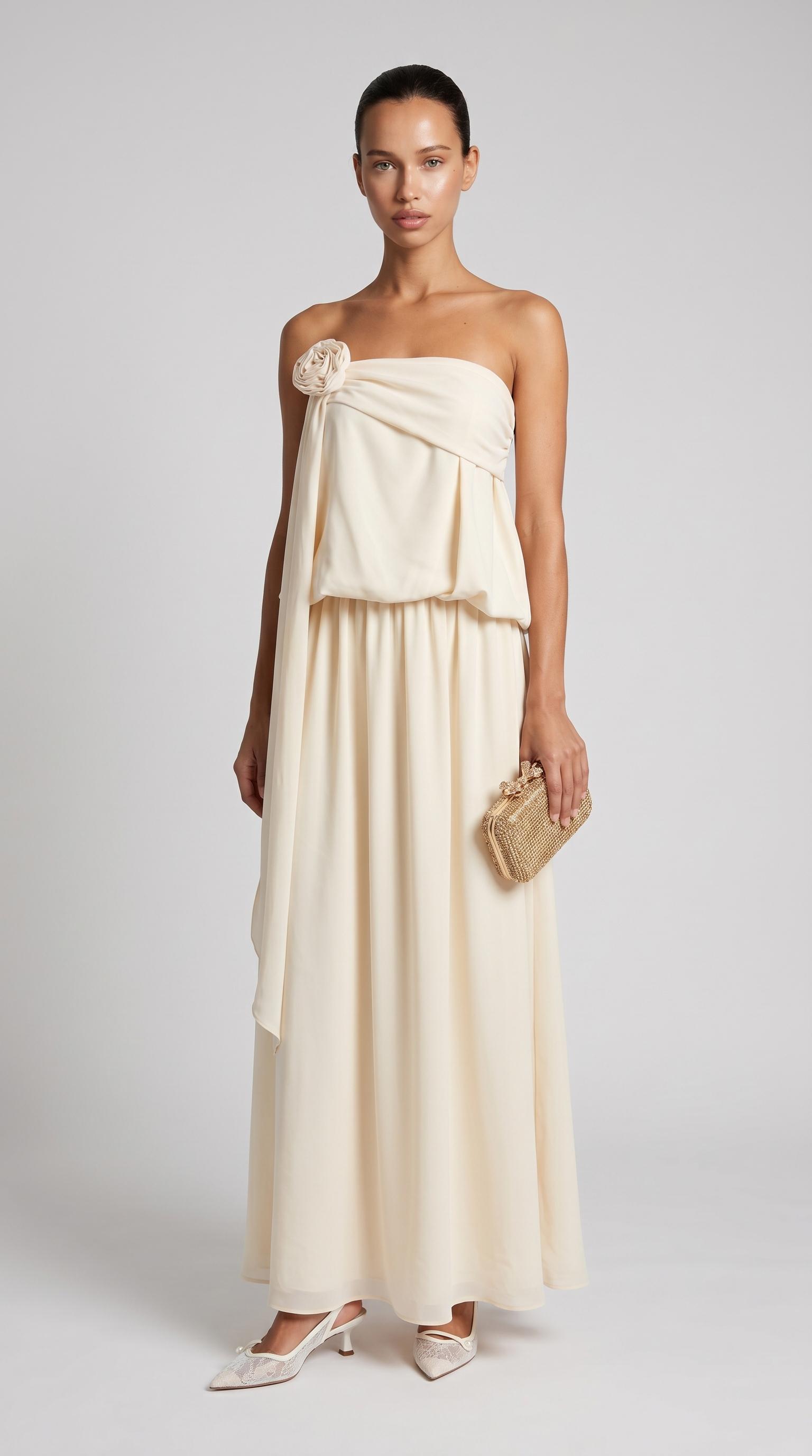 Mora - Strapless Draped Rosette Maxi Gown