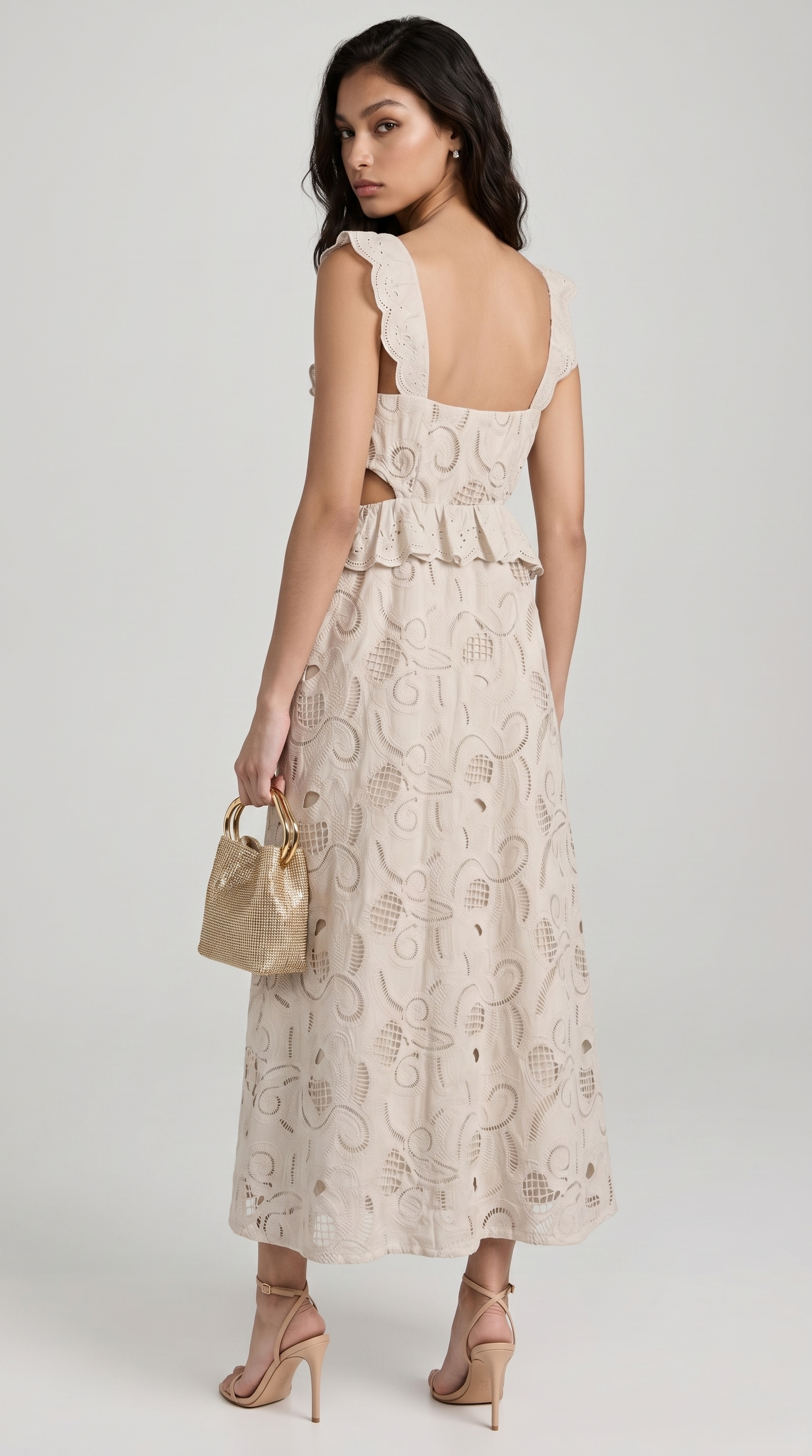 Venta - Ruffled Eyelet Cutout Midi Dress Beige
