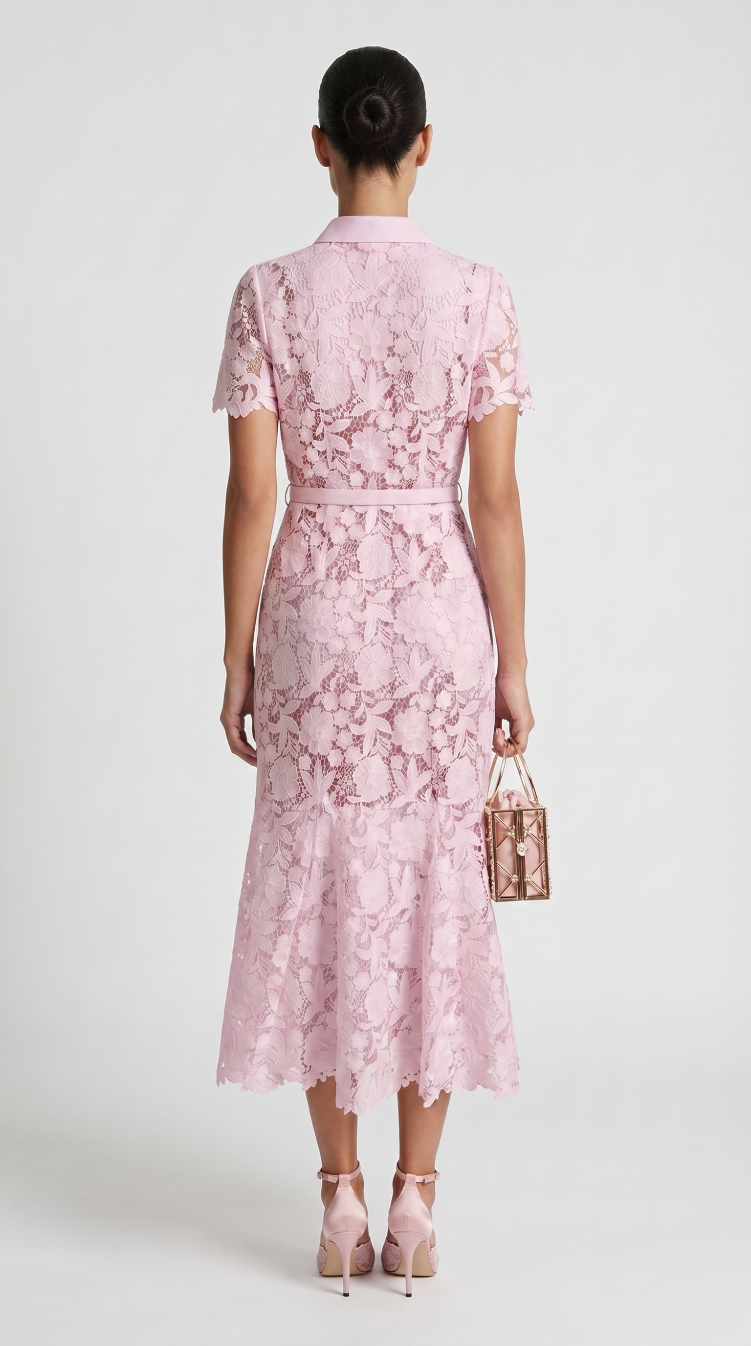 Oria - Belted Floral Lace Midi Shirt Dress Pink