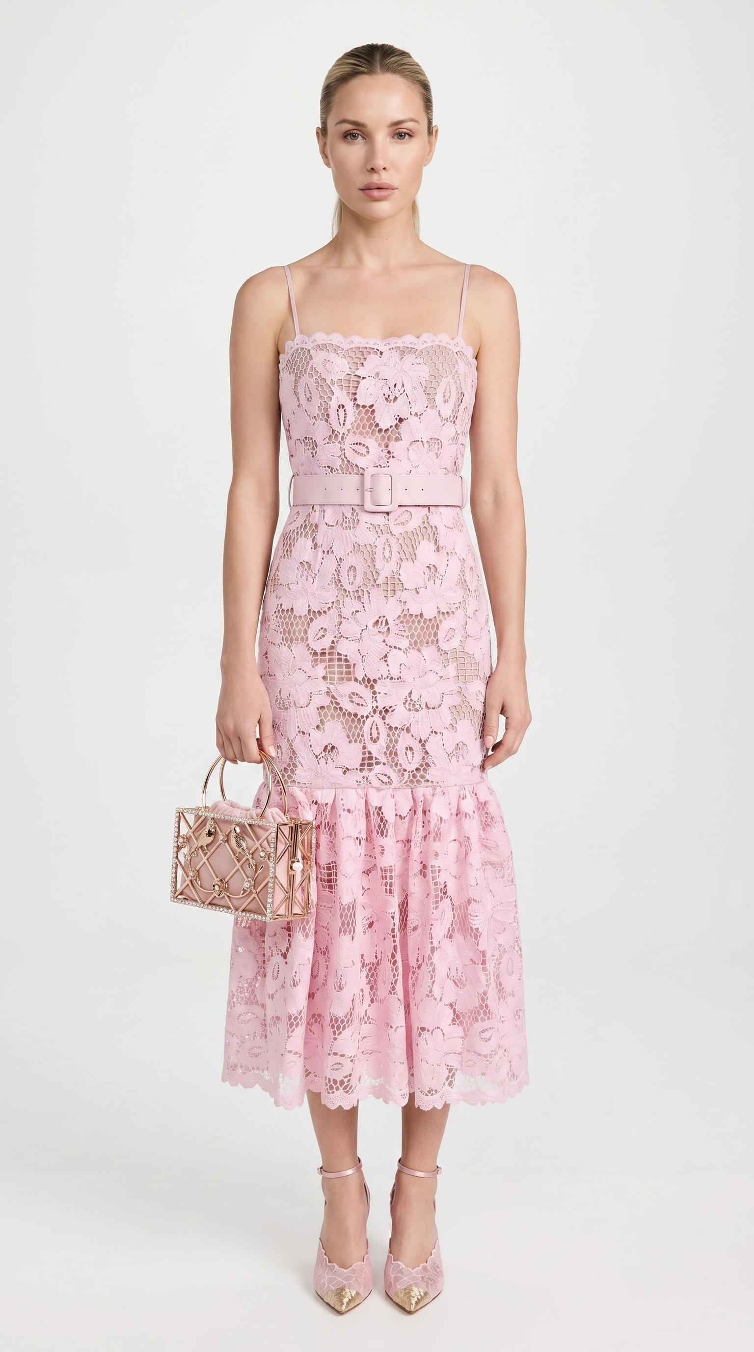 Zefi - Belted Guipure Lace Flared Midi Dress