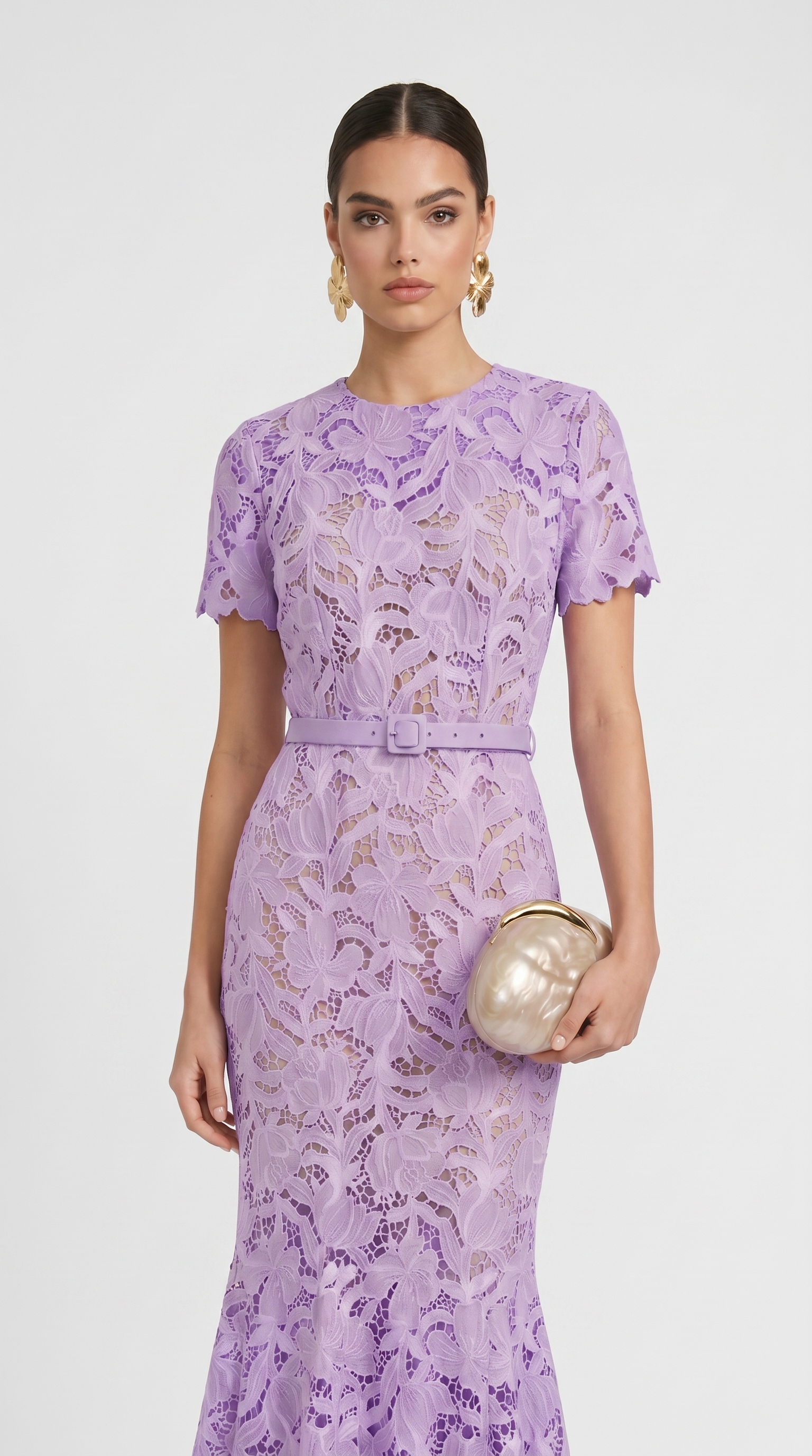 Zoya - Belted Floral Lace Trumpet Gown