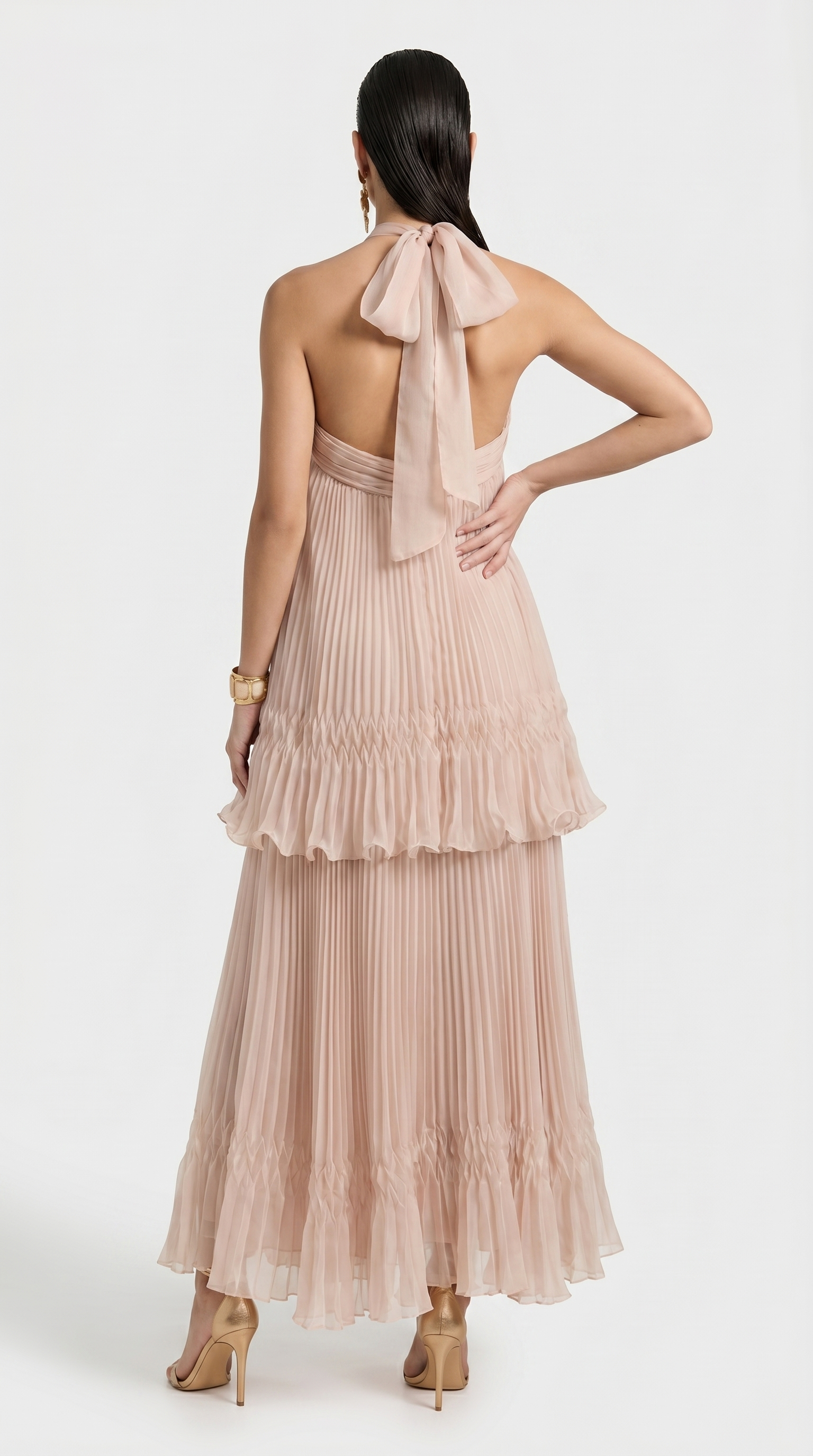 Cyan - Tiered Plissé Halter Maxi Gown