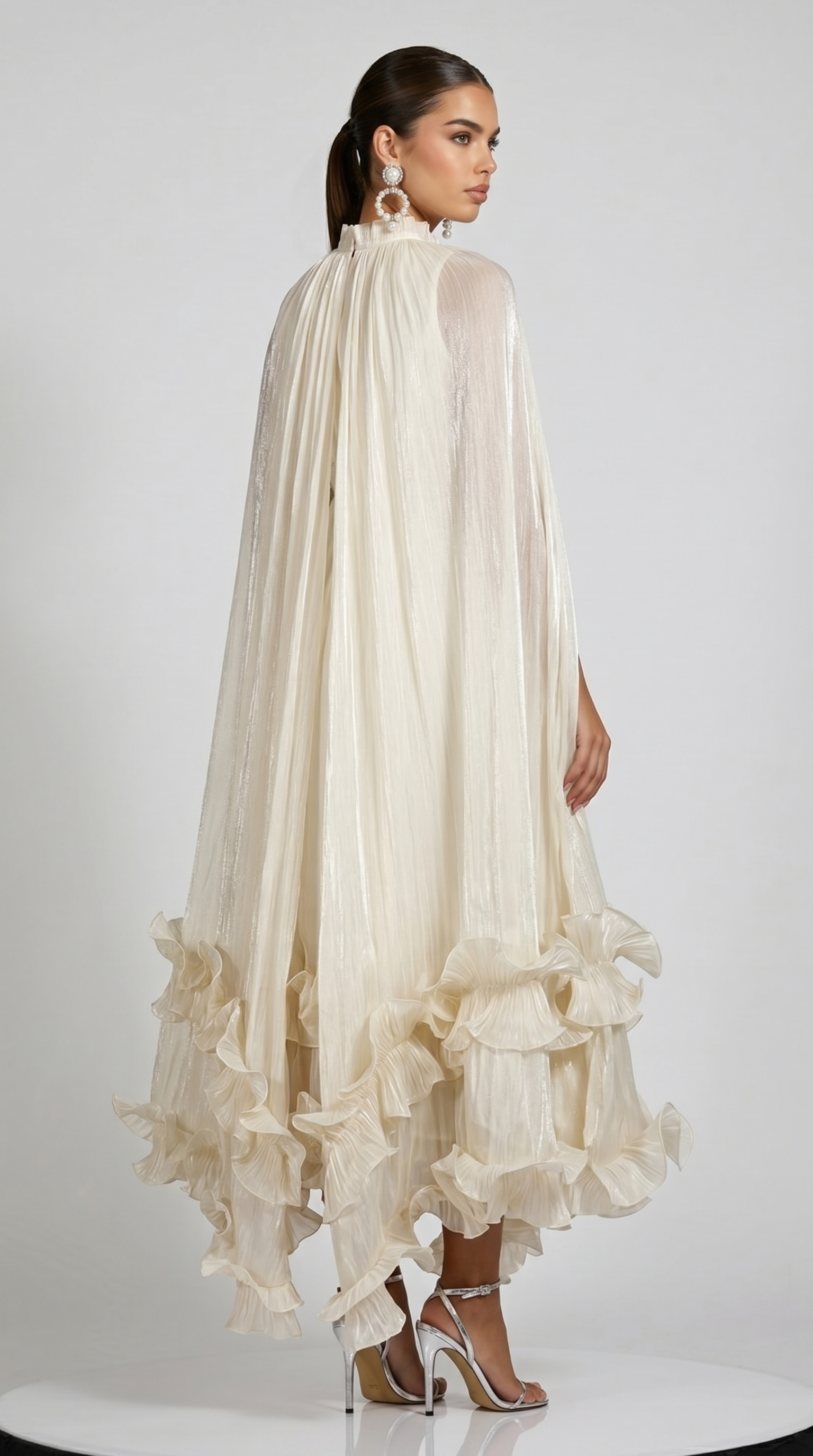 Gemo - Pleated Cape-Overlay Ruffled Maxi Gown