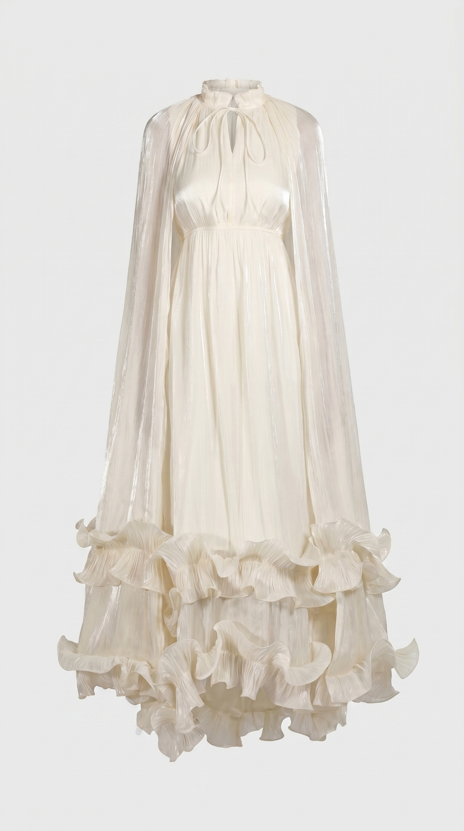 Gemo - Pleated Cape-Overlay Ruffled Maxi Gown