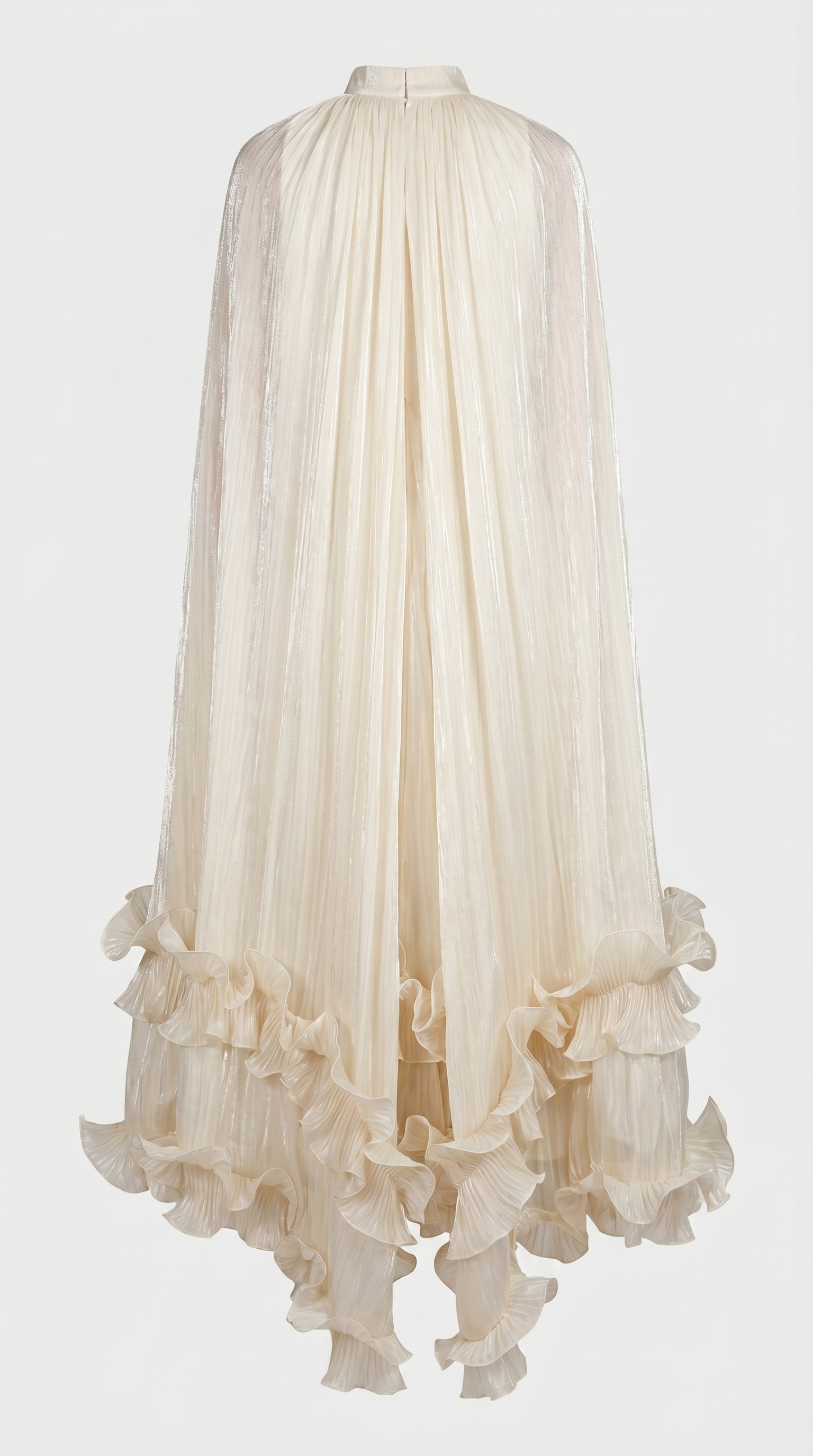 Gemo - Pleated Cape-Overlay Ruffled Maxi Gown
