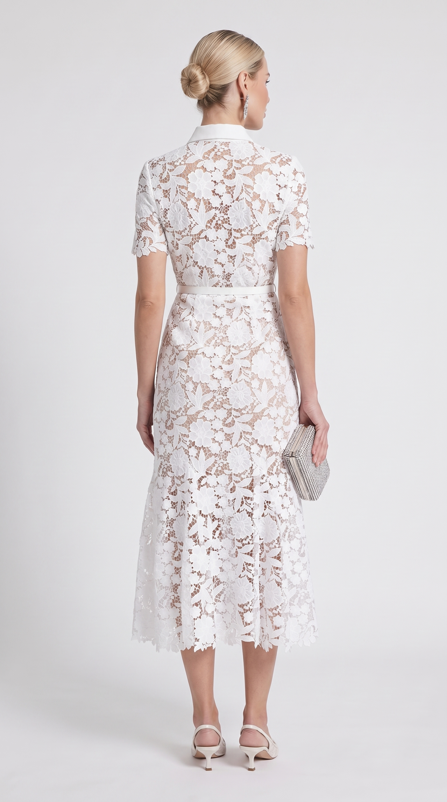 Oria - Belted Floral Lace Midi Shirt Dress White