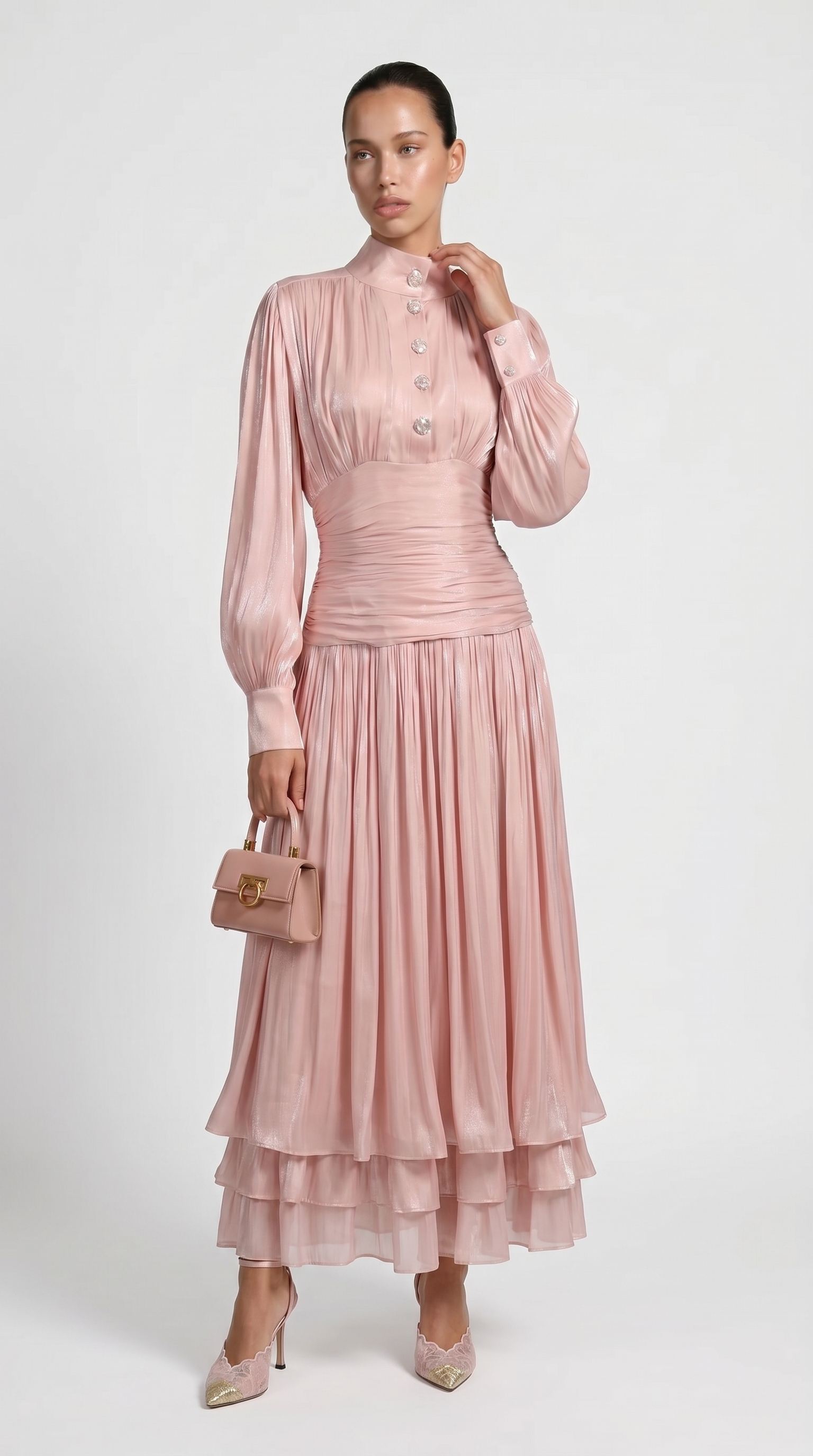 Sandra - Ruched High-Neck Plissé Maxi Gown