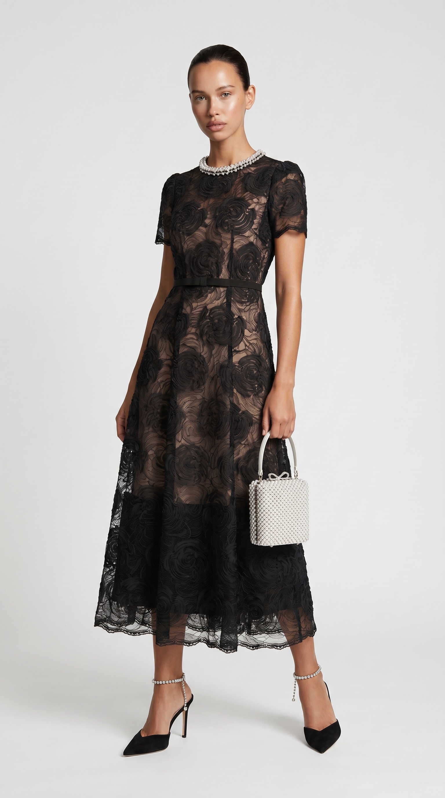 Tula - Rose Lace Maxi Dress with Crystal Neckline Black