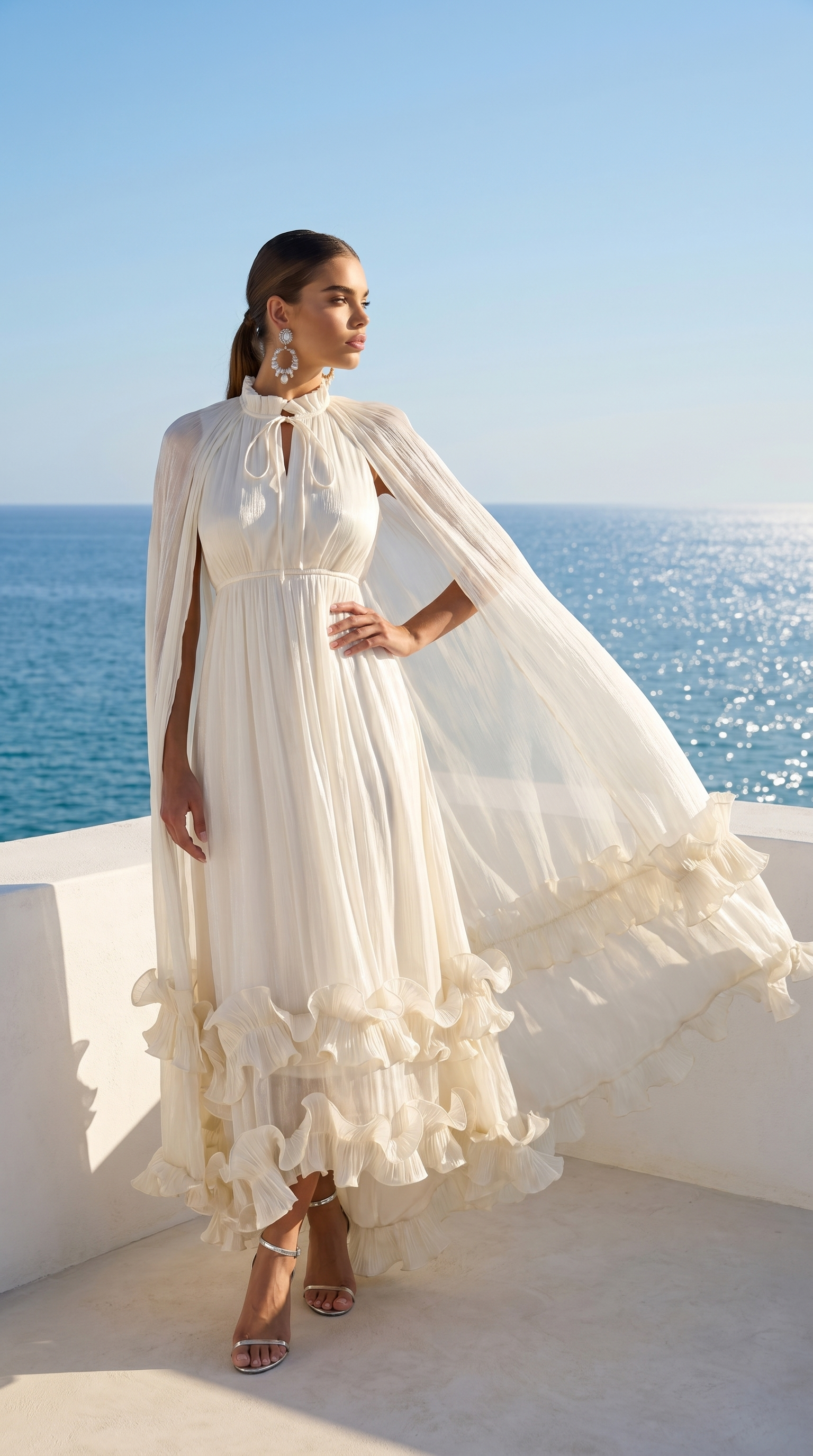 Gemo - Gúna Maxi Ruffled Cape-Overlay Pleated