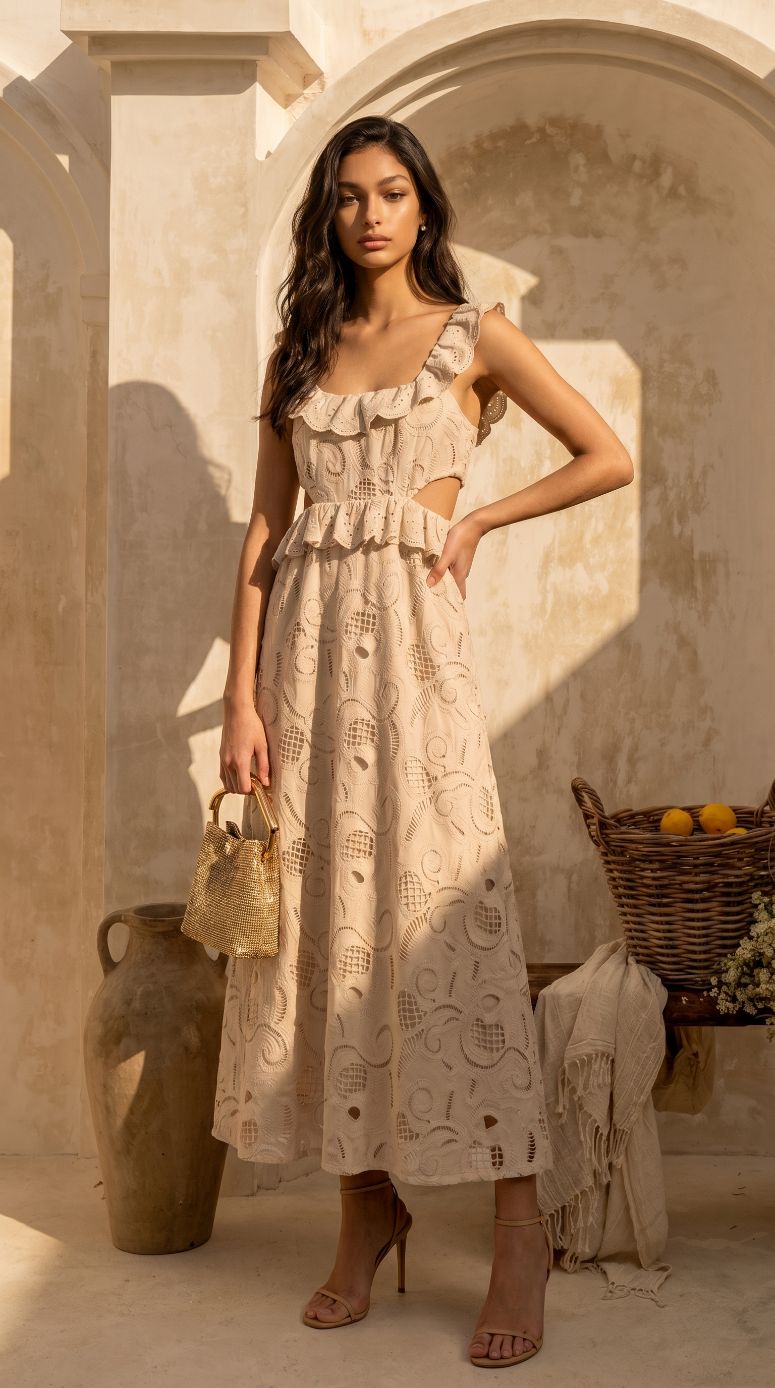 Venta - Ruffled Eyelet Cutout Midi Dress Beige