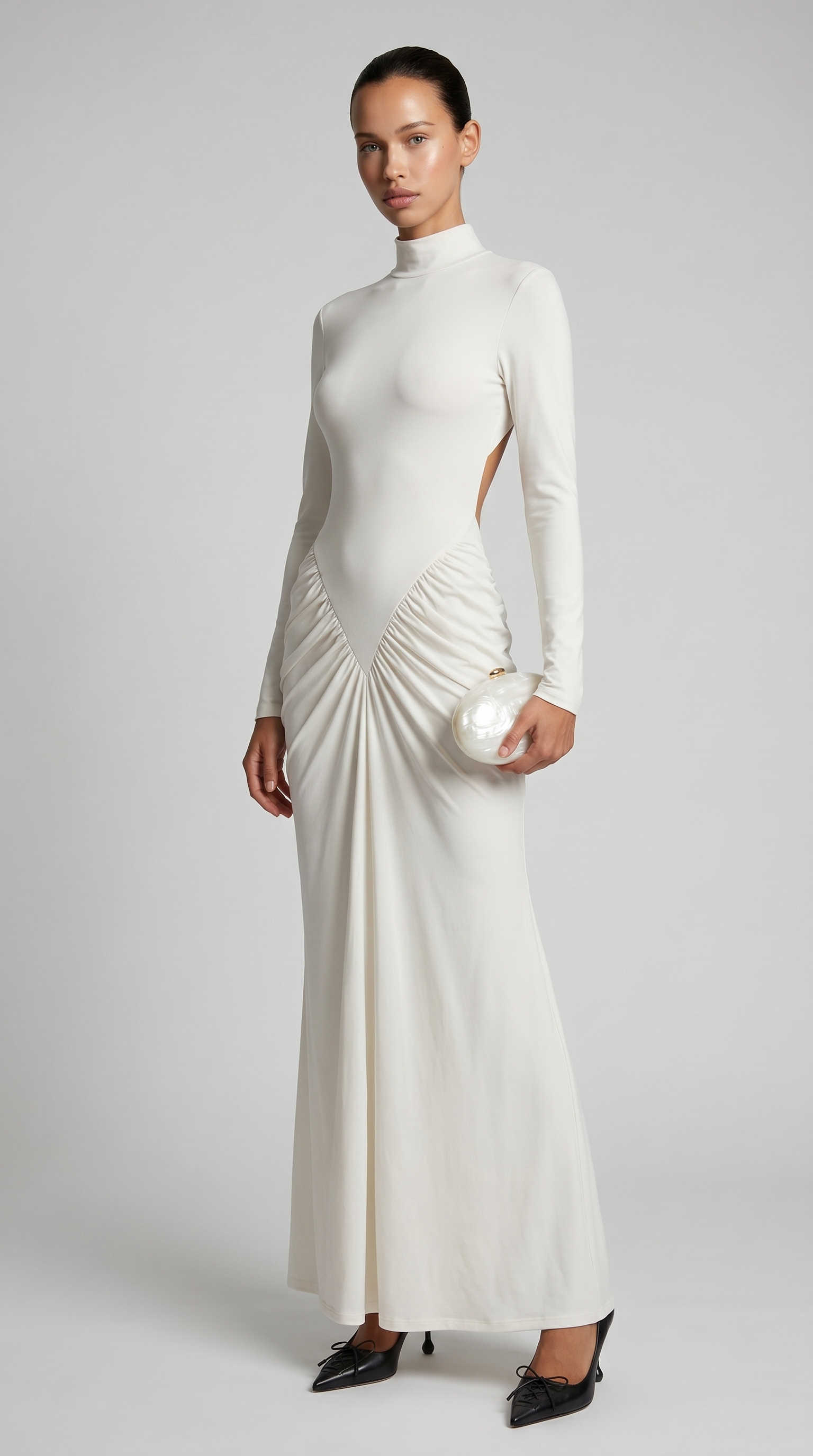 Aret - Vestido largo con cuello alto fruncido y recortes blanco