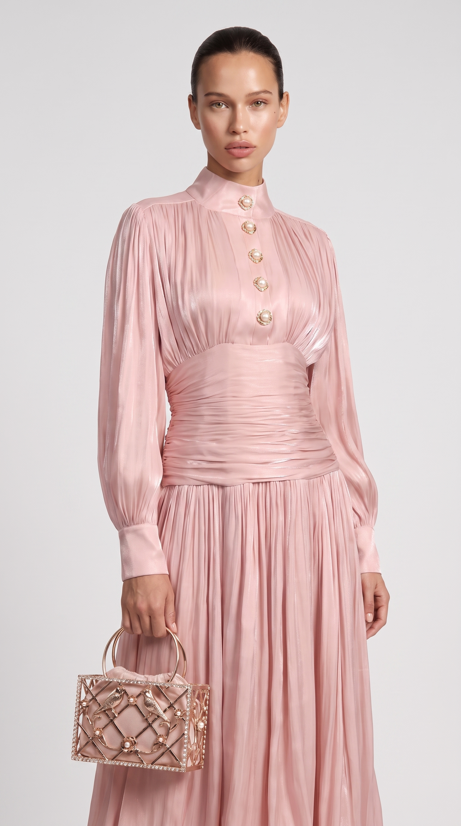 Sandra - Ruched High-Neck Plissé Maxi Gown