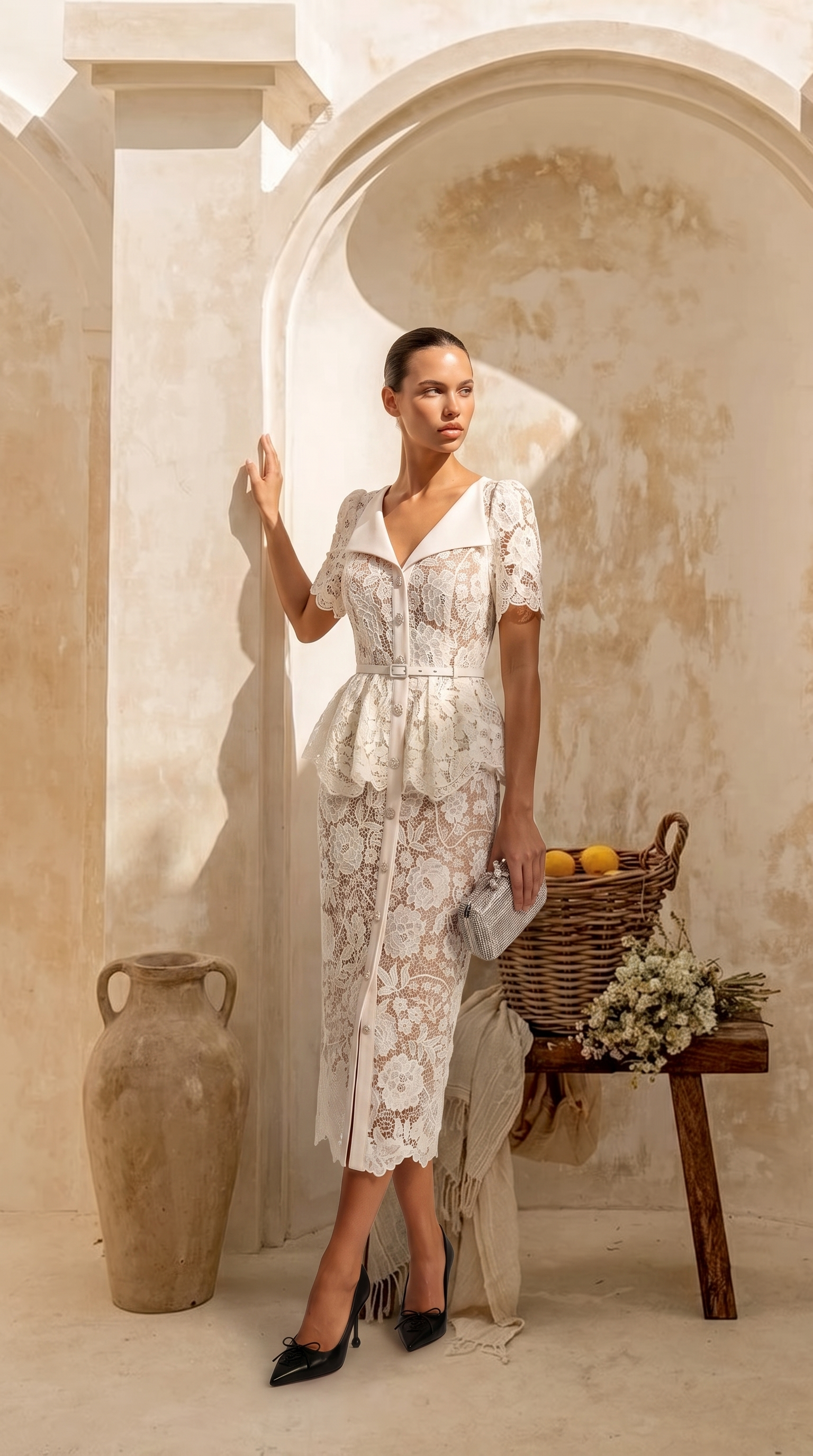 Kaza - Belted Peplum Lace Midi Dress