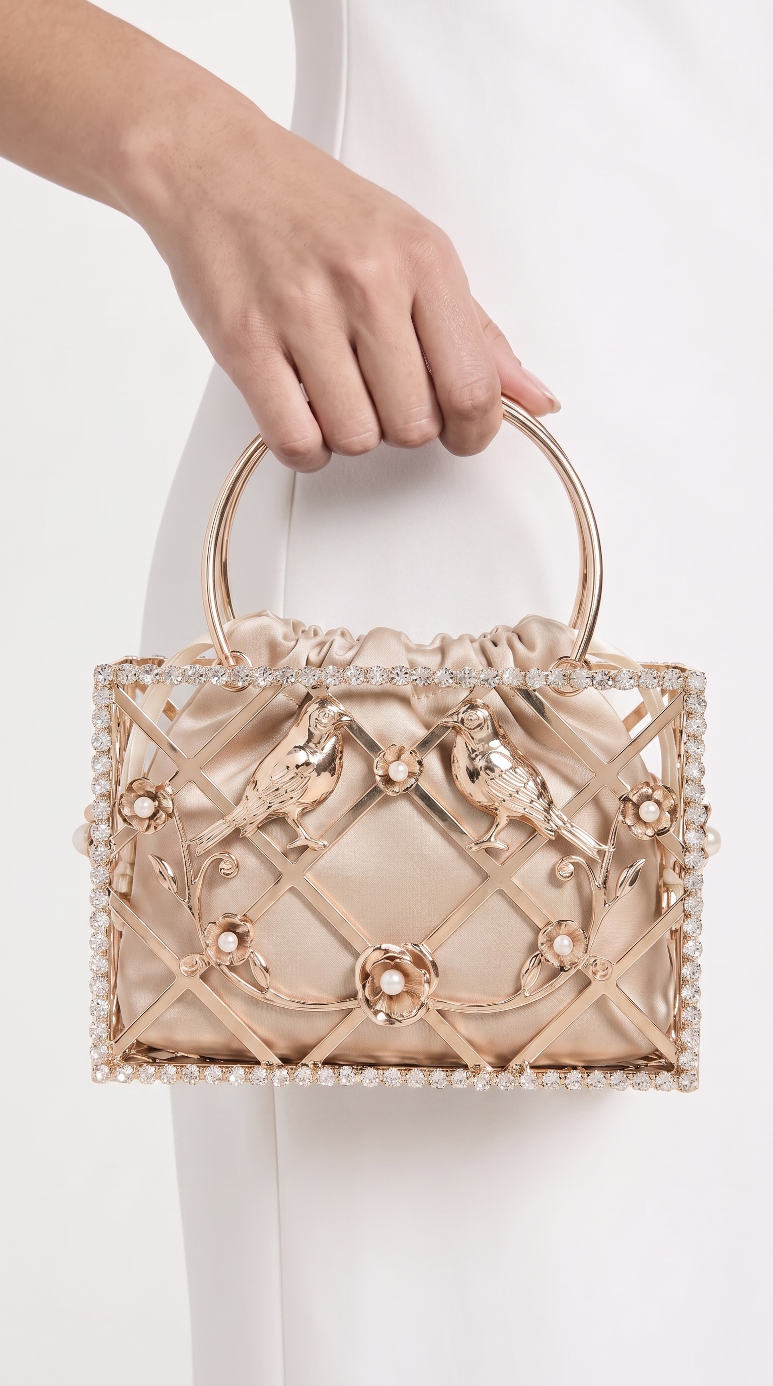 Faro - Crystal Cage Bird Handle Bag Beige